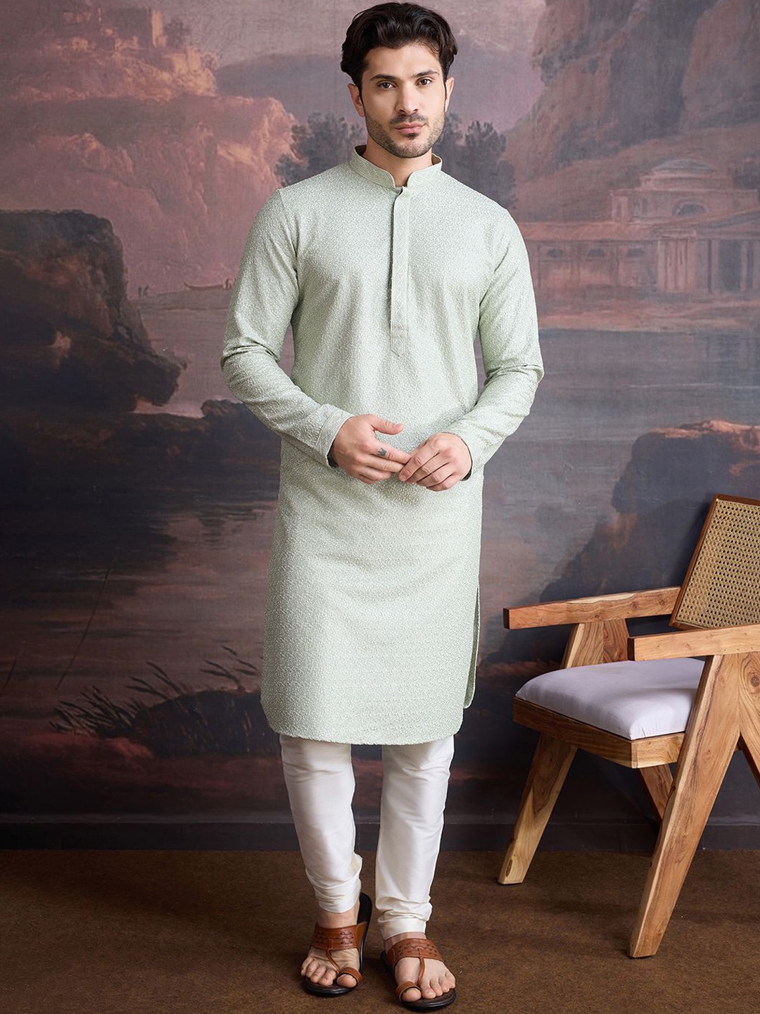 House of Pataudi Floral Embroidered Mandarin Collar Chikankari Kurta With Churidar, Green
House of Pataudi Floral Embroidered Mandarin Collar Chikankari Kurta With Churidar, Green