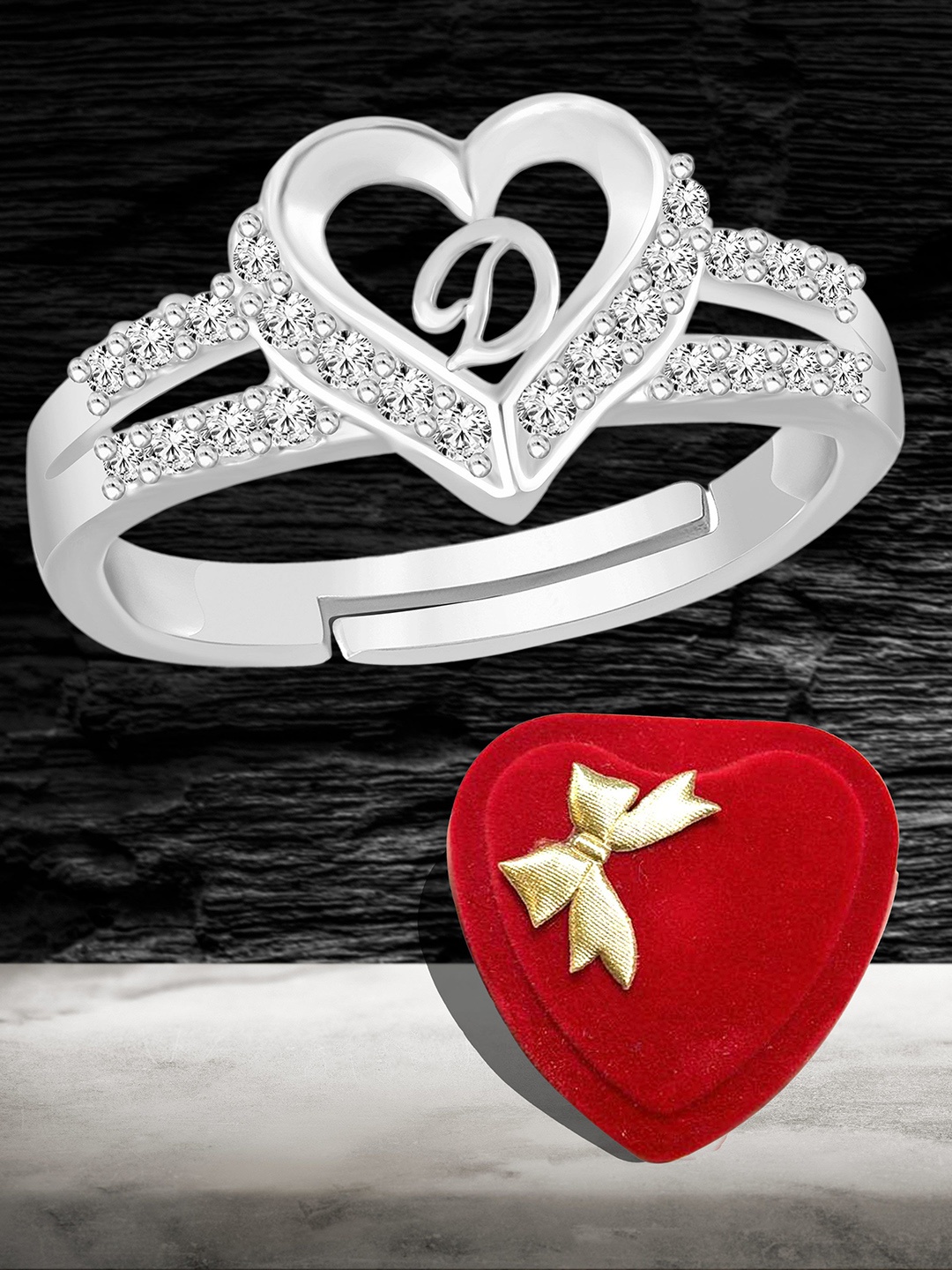 Heer Collection Silver-Plated American Diamond Studded Alphabet D Adjustable Finger Ring
Heer Collection Silver-Plated American Diamond Studded Alphabet D Adjustable Finger Ring