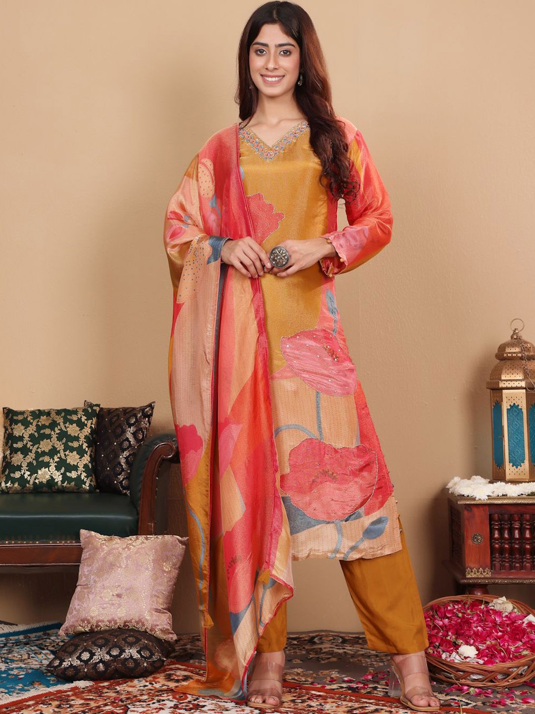 Varanga Women Floral Embroidered Regular Beads and Stones Pure Silk Kurta with Trousers & With Dupatta, Mustard
Varanga Women Floral Embroidered Regular Beads and Stones Pure Silk Kurta with Trousers & With Dupatta, Mustard