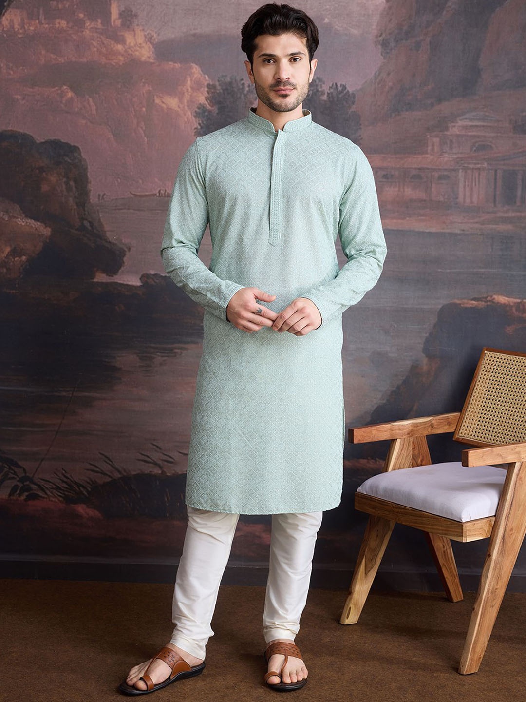 House of Pataudi Geometric Embroidered Mandarin Collar Chikankari Kurta With Churidar, Green
House of Pataudi Geometric Embroidered Mandarin Collar Chikankari Kurta With Churidar, Green