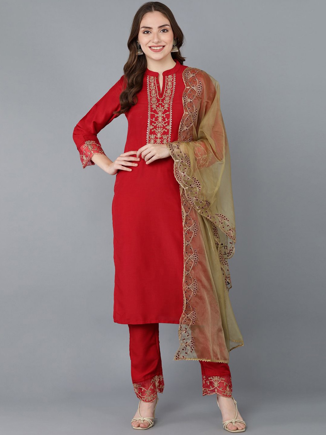 KALINI Ethnic Motifs Yoke Design Regular Zari Straight Kurta with Trousers & Dupatta, Red
KALINI Ethnic Motifs Yoke Design Regular Zari Straight Kurta with Trousers & Dupatta, Red