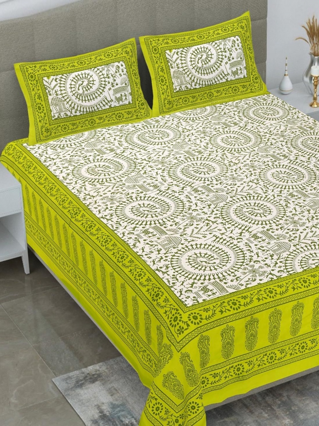 AYAT COLLECTION Green Ethnic Printed 144 TC Cotton Queen Bedsheet with 2 Pillow Covers
AYAT COLLECTION Green Ethnic Printed 144 TC Cotton Queen Bedsheet with 2 Pillow Covers