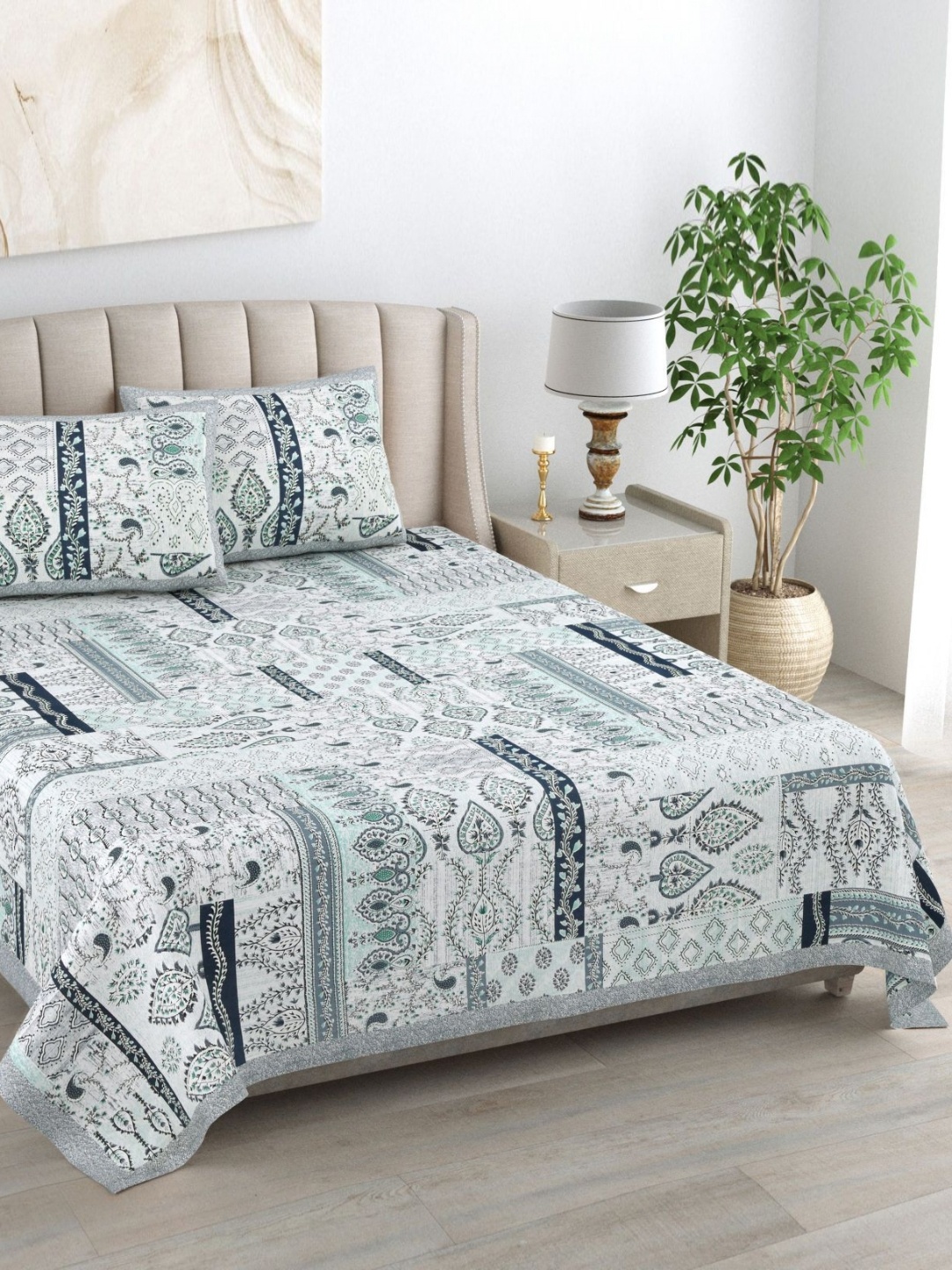 Urban Jaipur Kaya Green & Blue Ethnic 220 TC Cotton Double King Bedsheet & 2 Pillow Covers
Urban Jaipur Kaya Green & Blue Ethnic 220 TC Cotton Double King Bedsheet & 2 Pillow Covers