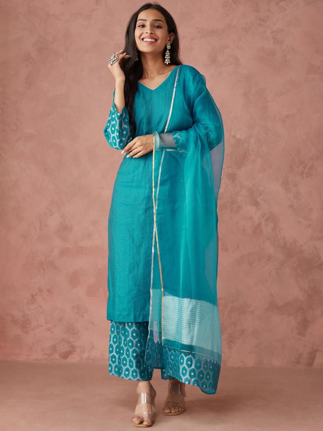 Fabindia Striped Printed Woven Design V-Neck Straight Kurta With Palazzos & Dupatta, Blue
Fabindia Striped Printed Woven Design V-Neck Straight Kurta With Palazzos & Dupatta, Blue