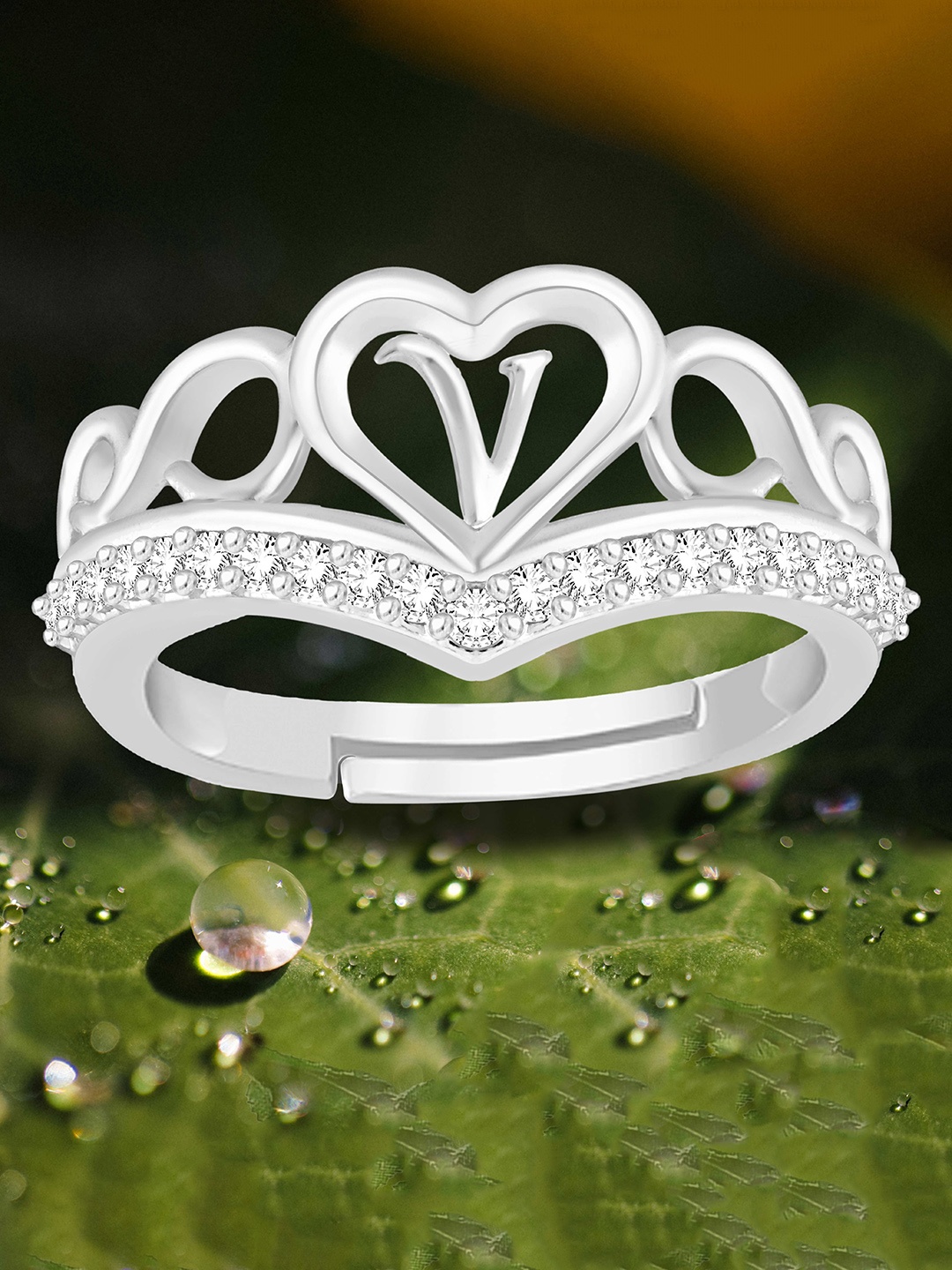 Heer Collection Silver-Plated American Diamond Studded Alphabet V Adjustable Finger Ring
Heer Collection Silver-Plated American Diamond Studded Alphabet V Adjustable Finger Ring