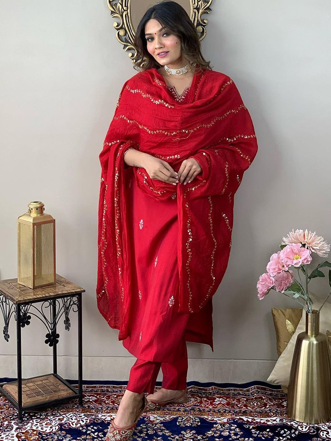 KALINI Ethnic Motifs Embroidered Chanderi Silk Straight Kurta With Trousers & Dupatta, Red
KALINI Ethnic Motifs Embroidered Chanderi Silk Straight Kurta With Trousers & Dupatta, Red