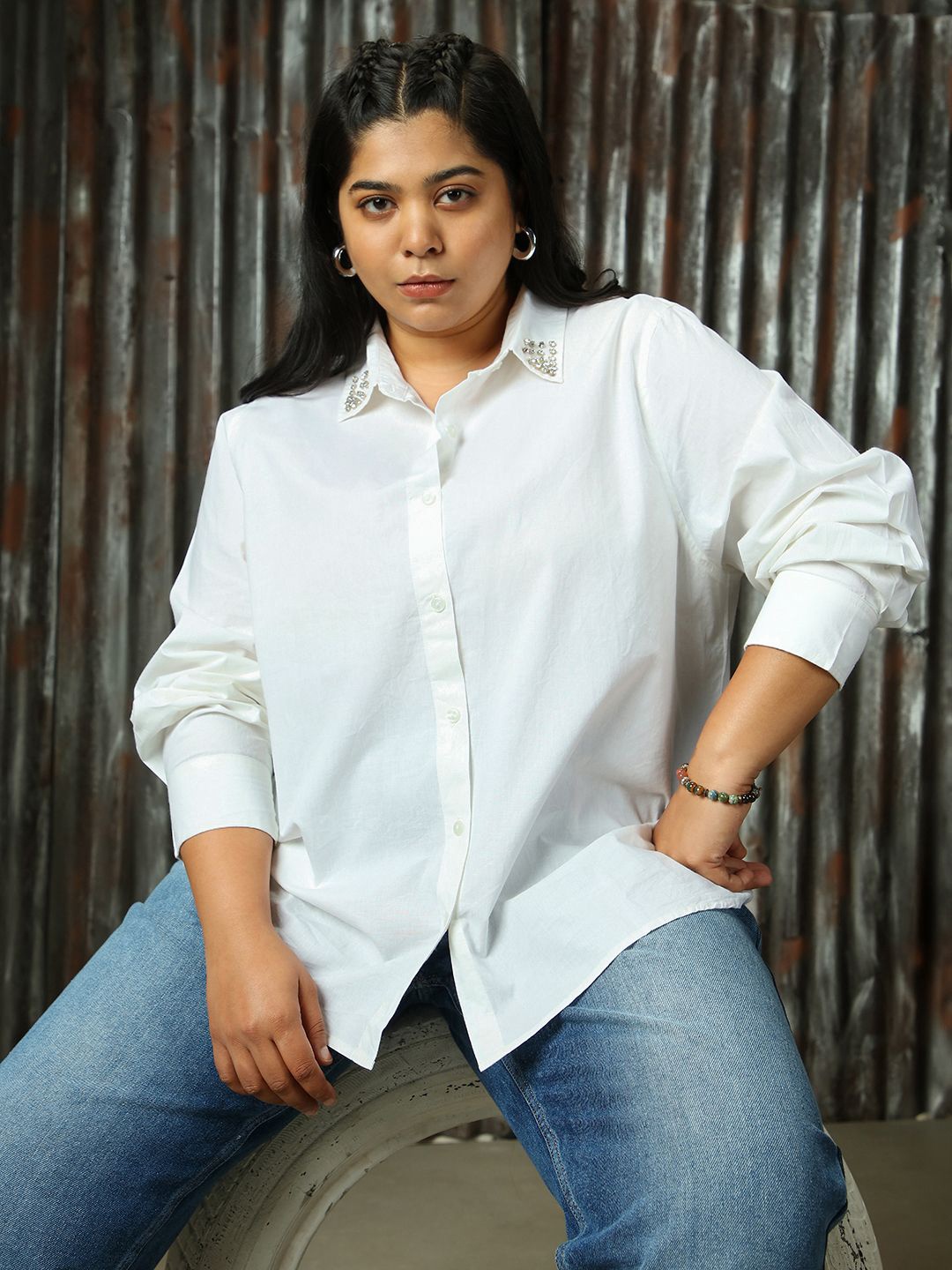 Freeform by High Star Women Plus Size Embelished Solid Cotton Oversized Casual Shirt, White
Freeform by High Star Women Plus Size Embelished Solid Cotton Oversized Casual Shirt, White