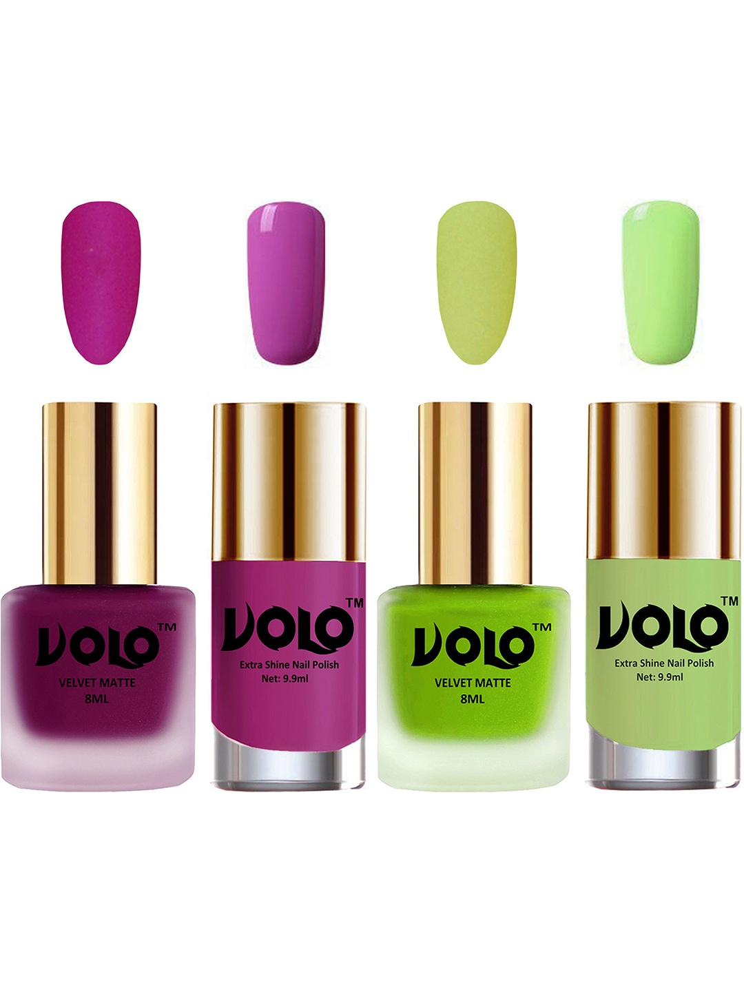 VOLO Set Of 4 Velvet Matte & Extra Shine Nail Polish-8 ml & 9.9 ml Each Shade 14-39-35-28, Green
VOLO Set Of 4 Velvet Matte & Extra Shine Nail Polish-8 ml & 9.9 ml Each Shade 14-39-35-28, Green