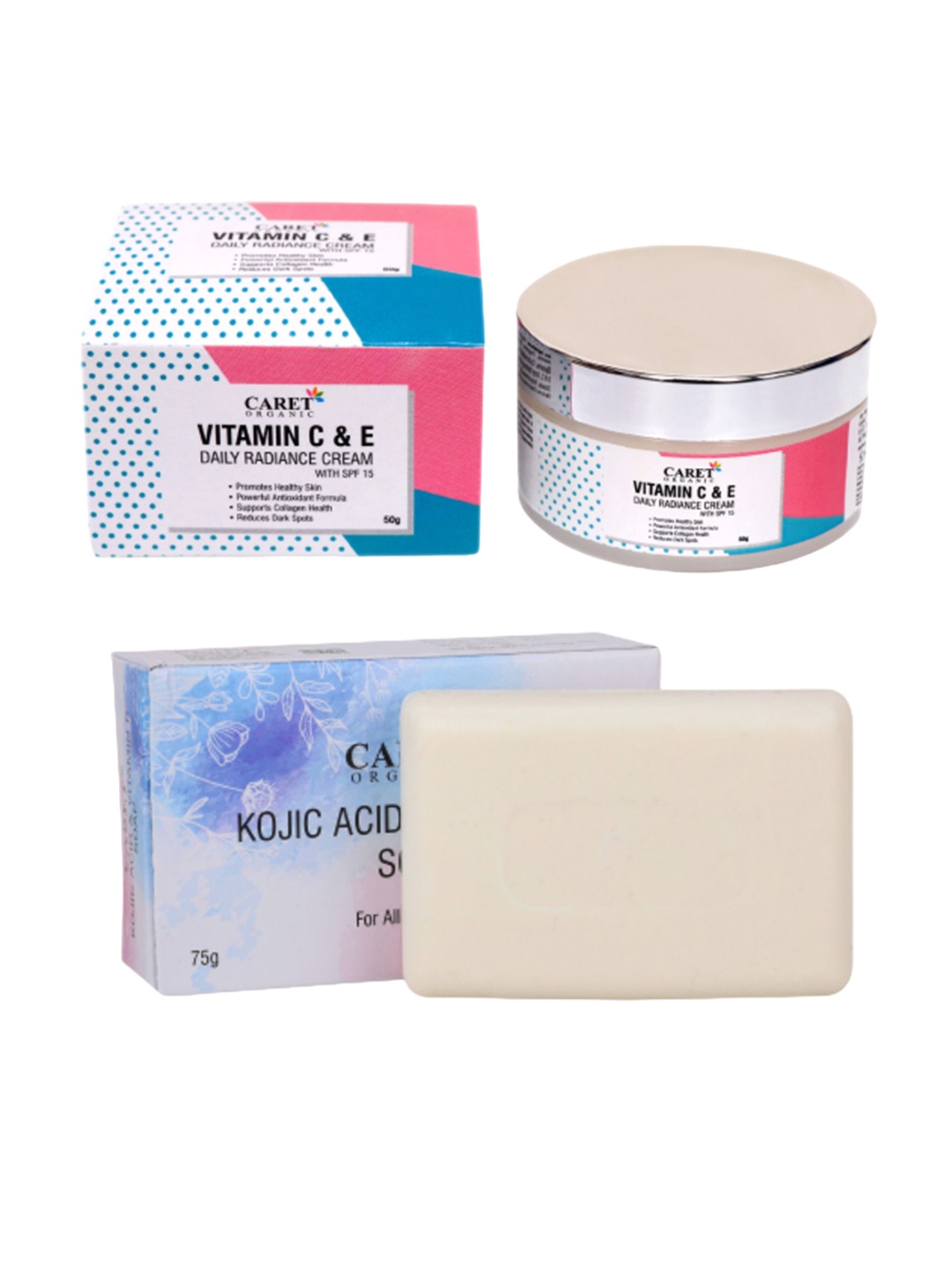 CARET ORGANIC Kojic Acid Vitamin C Soap -75g & Vitamin C & E Daily Radiance Cream -50g, White
CARET ORGANIC Kojic Acid Vitamin C Soap -75g & Vitamin C & E Daily Radiance Cream -50g, White