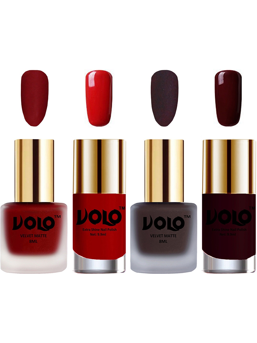 VOLO Set Of 4 Velvet Matte & Extra Shine Nail Polish-8 ml & 9.9 ml Each Shade 22-23-36-31, Red
VOLO Set Of 4 Velvet Matte & Extra Shine Nail Polish-8 ml & 9.9 ml Each Shade 22-23-36-31, Red