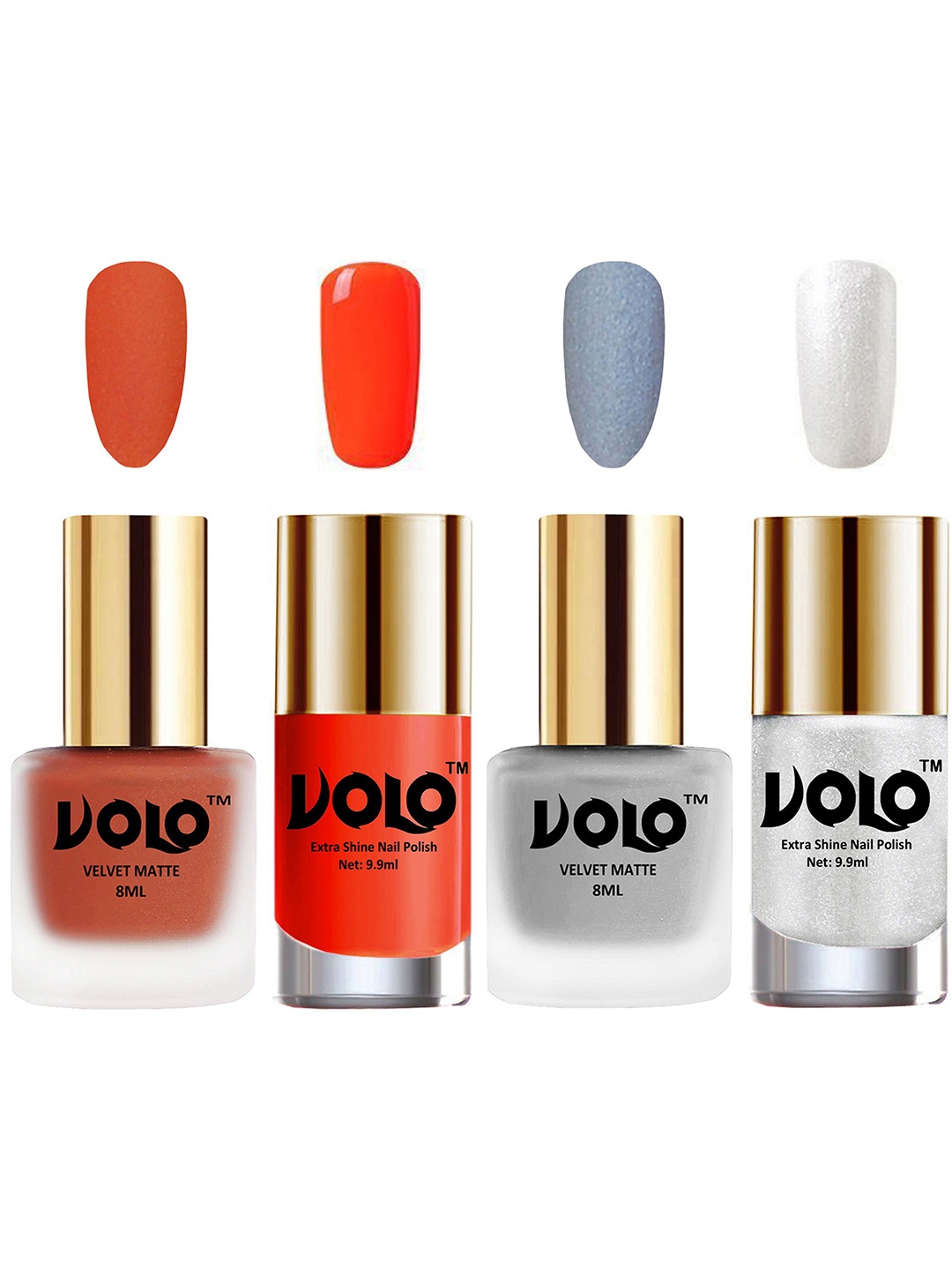 VOLO Set Of 4 Velvet Matte & Extra Shine Nail Polish-8 ml & 9.9 ml Each Shade 30-33-14-46, Coral
VOLO Set Of 4 Velvet Matte & Extra Shine Nail Polish-8 ml & 9.9 ml Each Shade 30-33-14-46, Coral