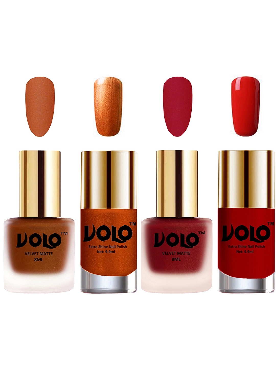 VOLO Set Of 4 Velvet Matte & Extra Shine Nail Polish-8 ml & 9.9 ml Each Shade 35-36-60-38, Orange
VOLO Set Of 4 Velvet Matte & Extra Shine Nail Polish-8 ml & 9.9 ml Each Shade 35-36-60-38, Orange