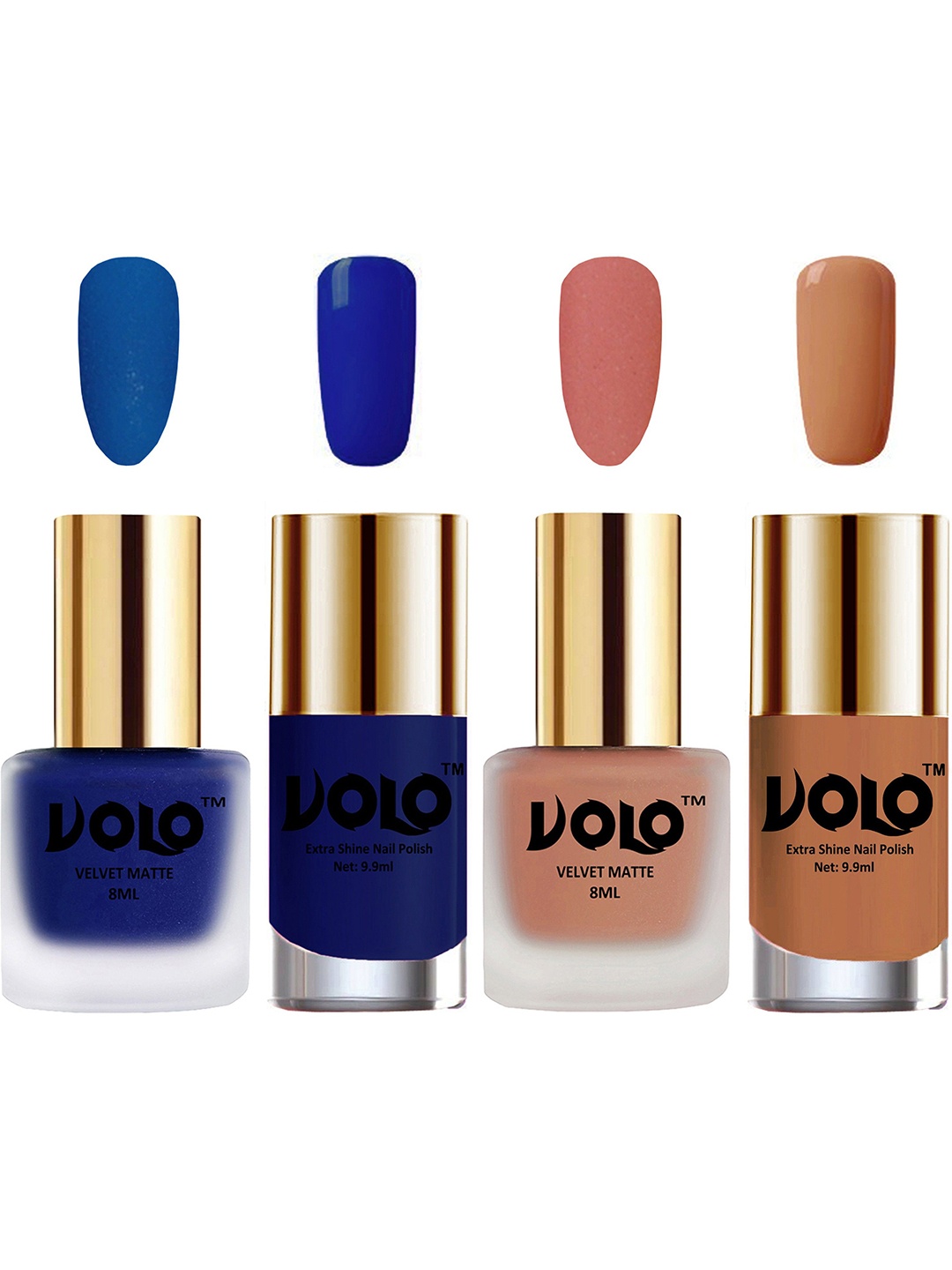 VOLO Set Of 4 Velvet Matte & Extra Shine Nail Polish-8 ml & 9.9 ml Shade 19-28-66-65, Blue
VOLO Set Of 4 Velvet Matte & Extra Shine Nail Polish-8 ml & 9.9 ml Shade 19-28-66-65, Blue