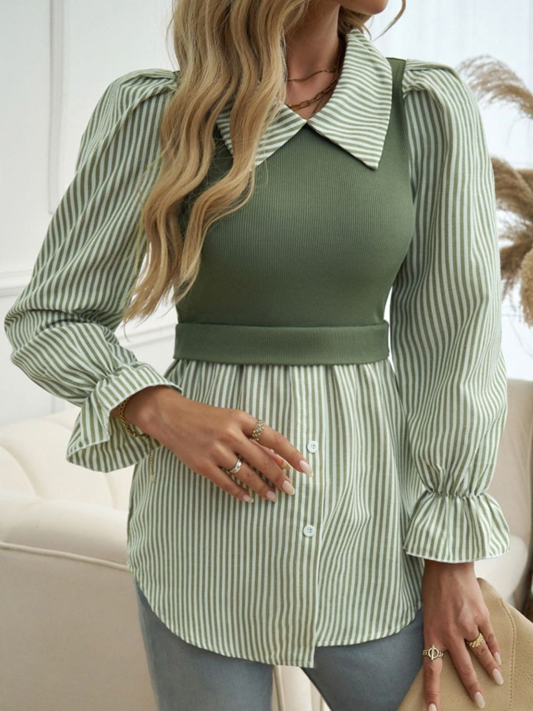 StyleCast Women Vertical Striped Shirt Collar Top, Green
StyleCast Women Vertical Striped Shirt Collar Top, Green