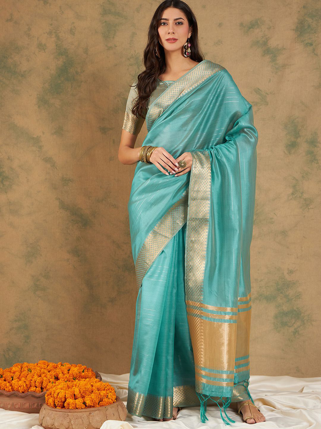 Maroosh Striped Embellished Zari Organza Saree, Sea green
Maroosh Striped Embellished Zari Organza Saree, Sea green