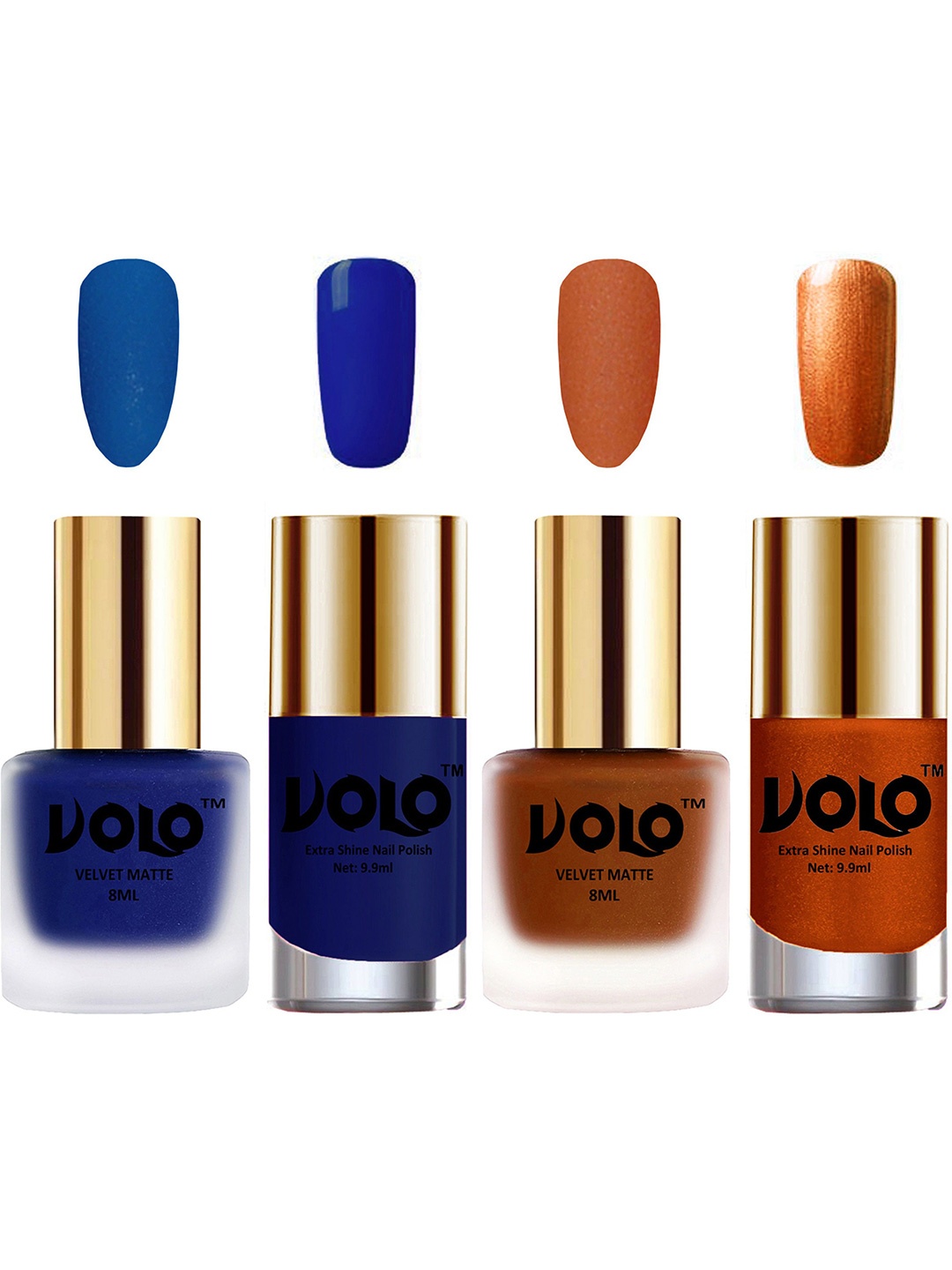 VOLO Set Of 4 Velvet Matte & Extra Shine Nail Polish-8 ml & 9.9 ml Each Shades 19-35-66-60, Multi
VOLO Set Of 4 Velvet Matte & Extra Shine Nail Polish-8 ml & 9.9 ml Each Shades 19-35-66-60, Multi