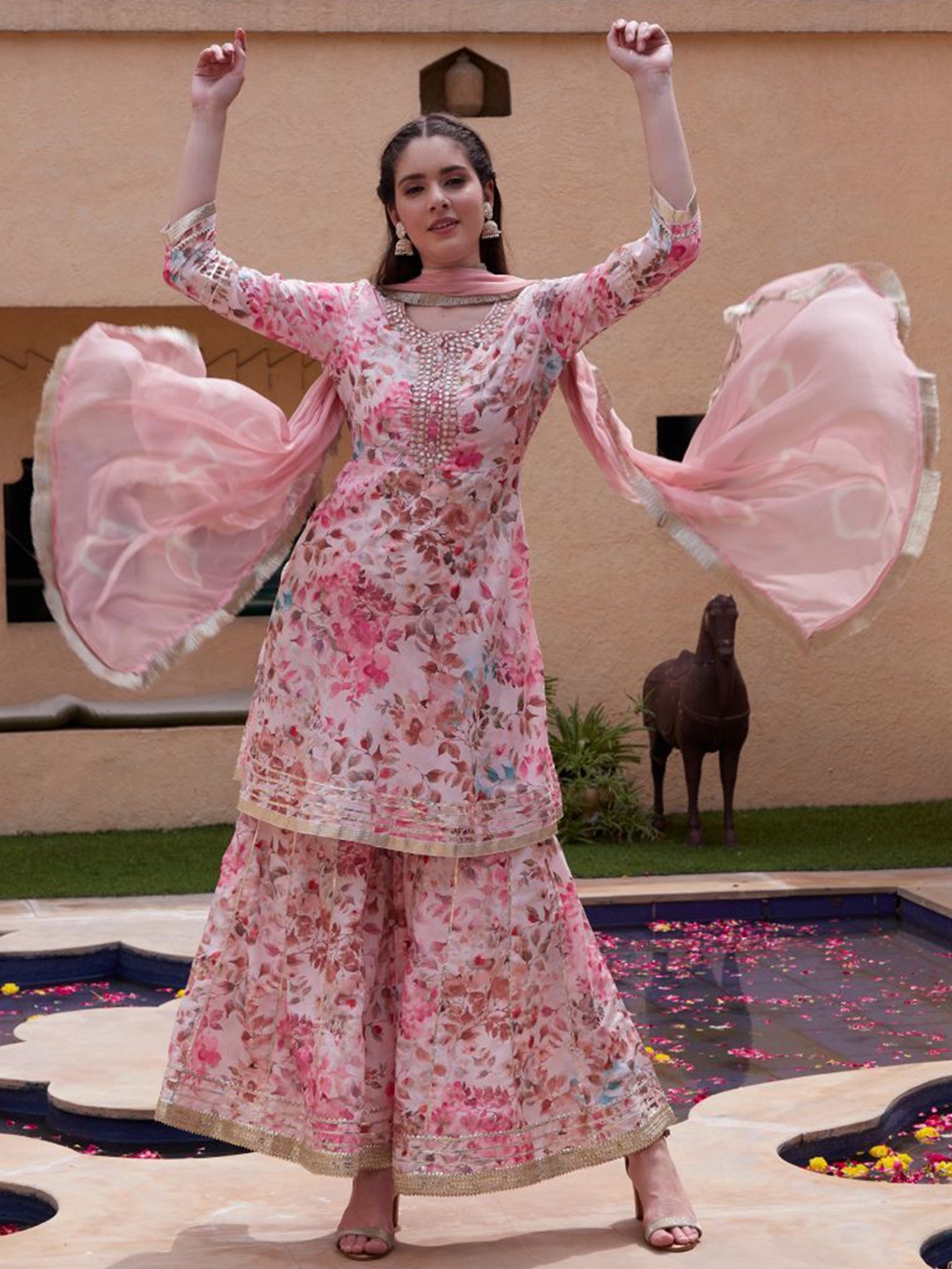 BANDIA Women Floral Printed Regular Mirror Work Kurta with Sharara & Dupatta, Pink
BANDIA Women Floral Printed Regular Mirror Work Kurta with Sharara & Dupatta, Pink
