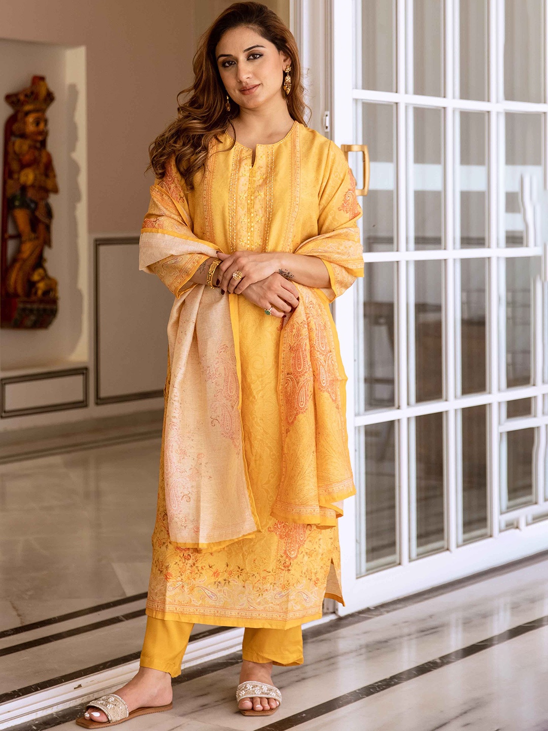 KALINI Women Floral Printed Regular Kantha Work Kurta with Trousers & Dupatta, Mustard
KALINI Women Floral Printed Regular Kantha Work Kurta with Trousers & Dupatta, Mustard
