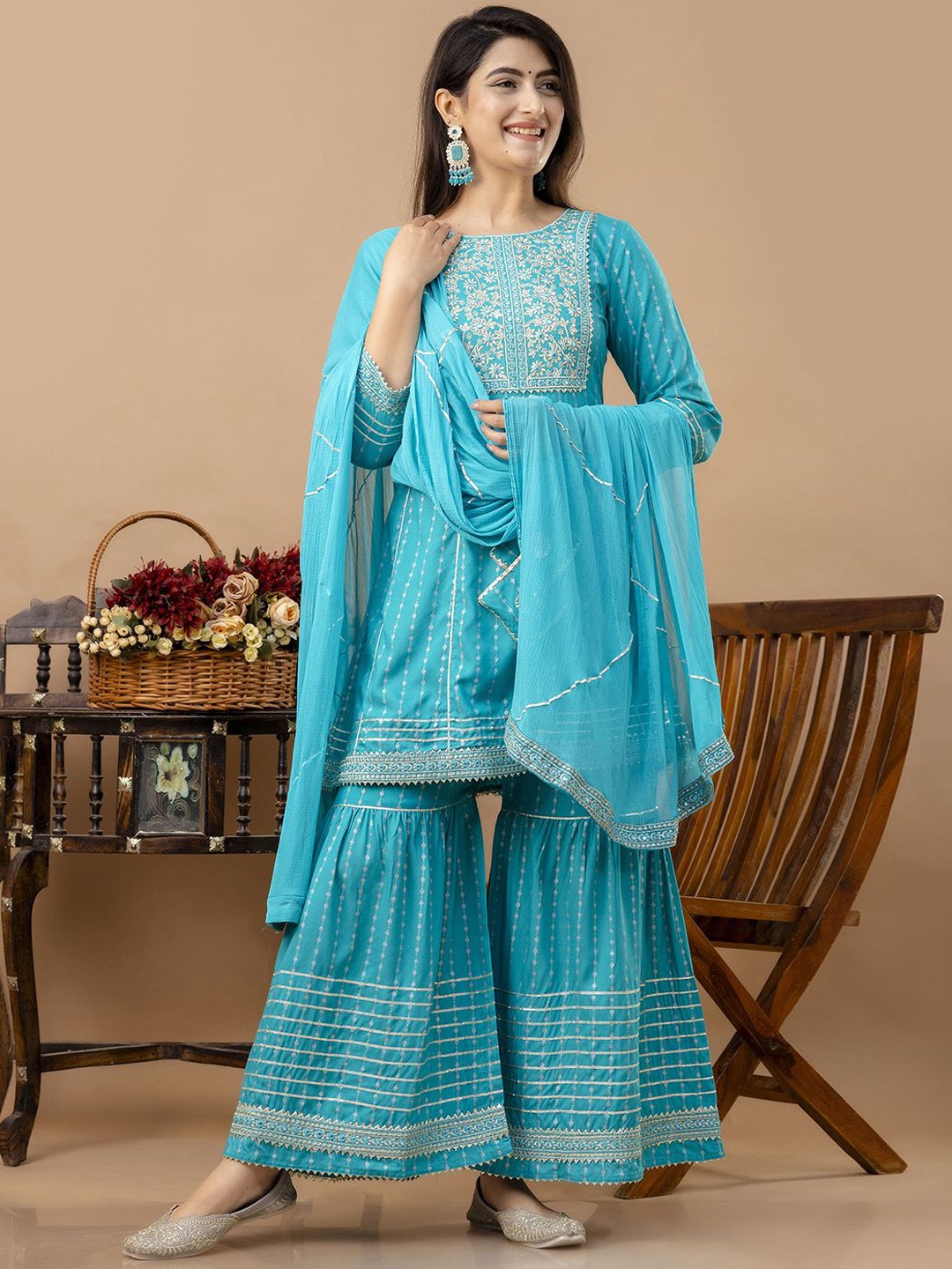 Veshviti Women Floral Embroidered Empire Mirror Work Kurta with Sharara & With Dupatta, Turquoise blue
Veshviti Women Floral Embroidered Empire Mirror Work Kurta with Sharara & With Dupatta, Turquoise blue