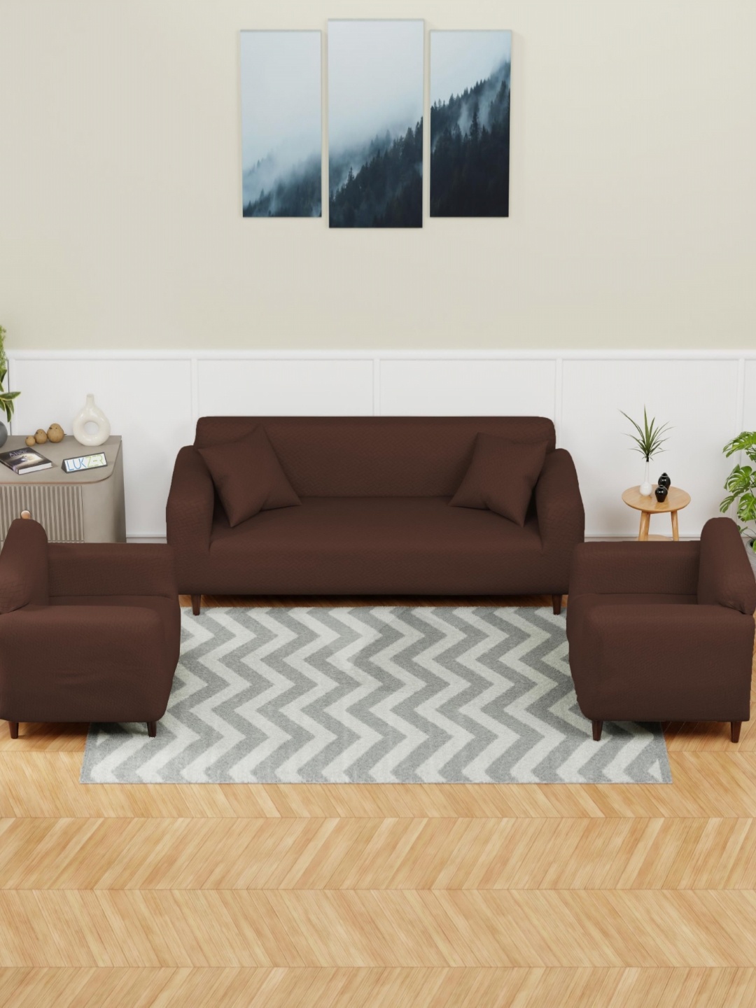 Aura Brown Printed 3 Pieces Self Design 5 Seater Sofa Cover With Arms
Aura Brown Printed 3 Pieces Self Design 5 Seater Sofa Cover With Arms
