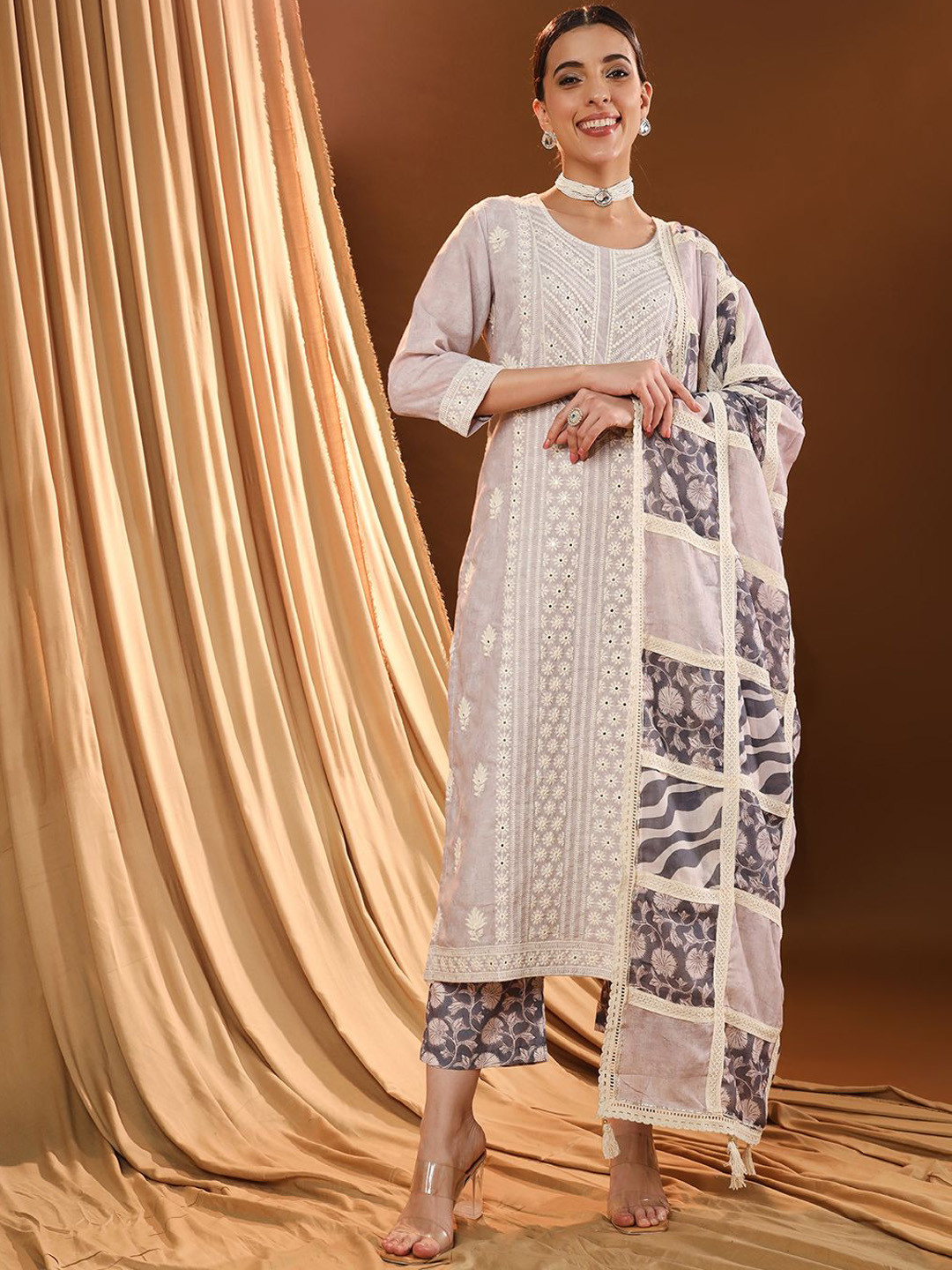 VESH Women Floral Embroidered Regular Mirror Work Pure Cotton Kurta with Trouser & Dupatta, Grey
VESH Women Floral Embroidered Regular Mirror Work Pure Cotton Kurta with Trouser & Dupatta, Grey