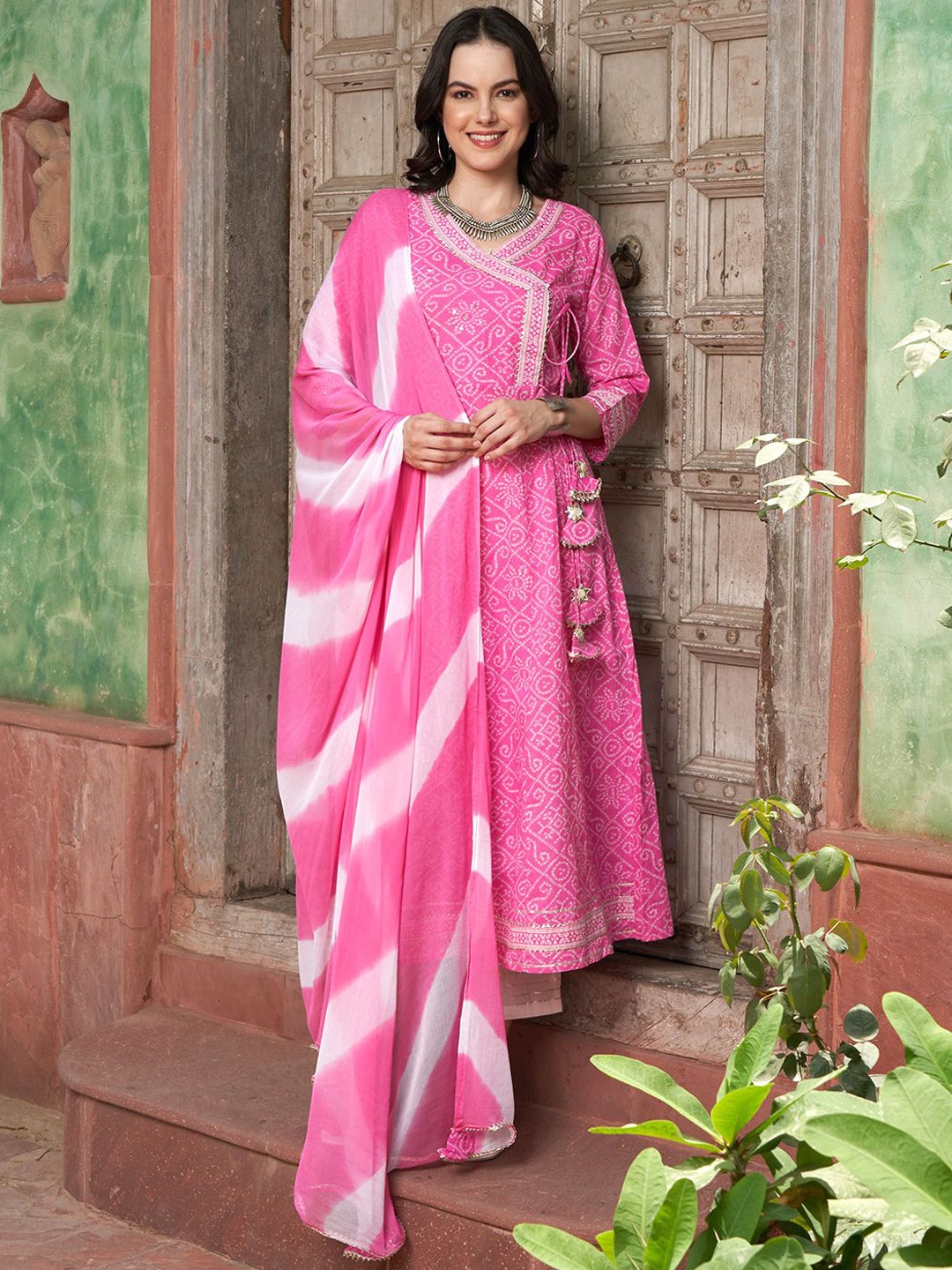 BANDIA Women Printed Angrakha Pure Cotton Kurta with Trousers & With Dupatta, Pink
BANDIA Women Printed Angrakha Pure Cotton Kurta with Trousers & With Dupatta, Pink