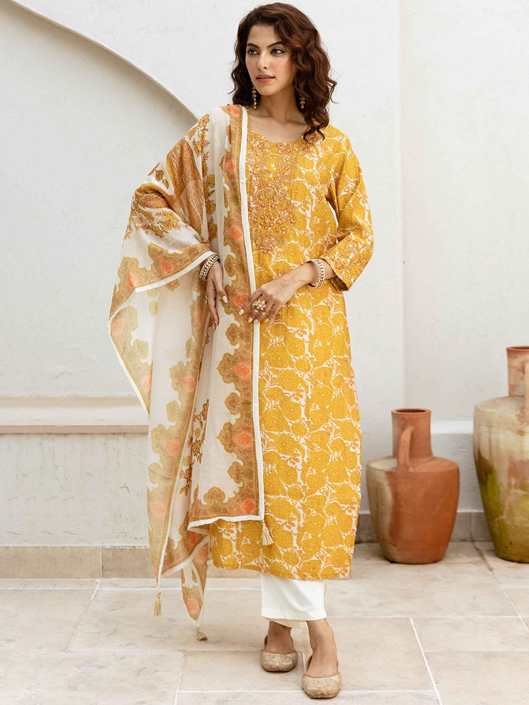 KALINI Women Printed Regular Chanderi Cotton Kurta with Trousers & With Dupatta, Yellow
KALINI Women Printed Regular Chanderi Cotton Kurta with Trousers & With Dupatta, Yellow