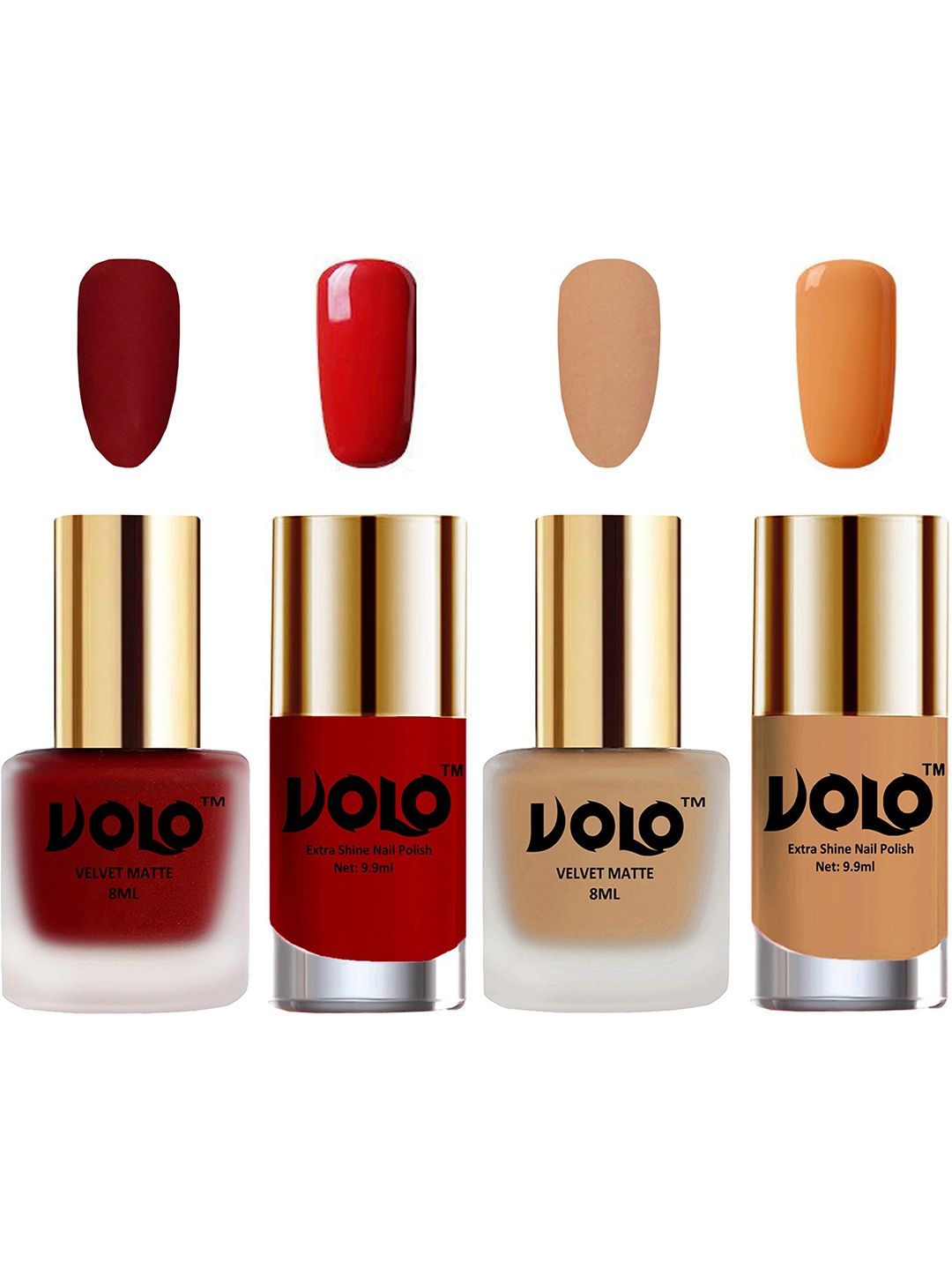 VOLO Set Of 4 Velvet Matte & Extra Shine Nail Polish-8 ml & 9.9 ml Each Shade 22-42-36-50, Red
VOLO Set Of 4 Velvet Matte & Extra Shine Nail Polish-8 ml & 9.9 ml Each Shade 22-42-36-50, Red