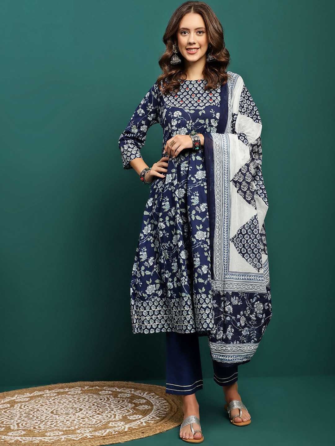 BANDIA Women Floral Printed Panelled Mirror Work Pure Cotton Kurta with Trousers & Dupatta, Blue
BANDIA Women Floral Printed Panelled Mirror Work Pure Cotton Kurta with Trousers & Dupatta, Blue