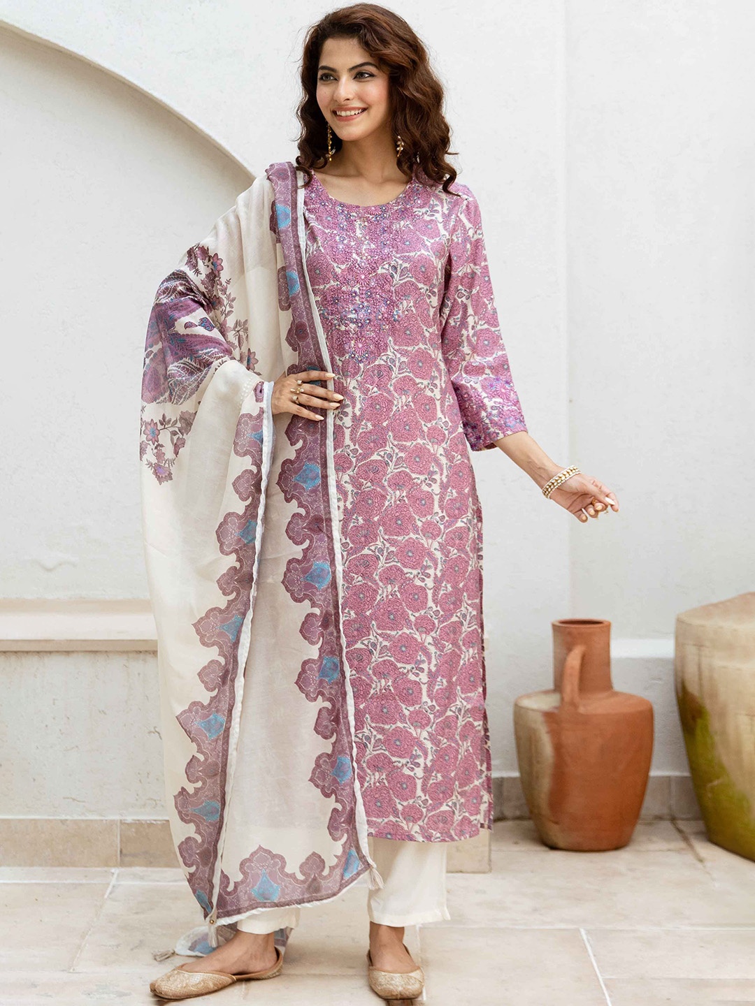 Nehamta Women Floral Printed Regular Mirror Work Kurta with Trousers & Dupatta, Cream
Nehamta Women Floral Printed Regular Mirror Work Kurta with Trousers & Dupatta, Cream