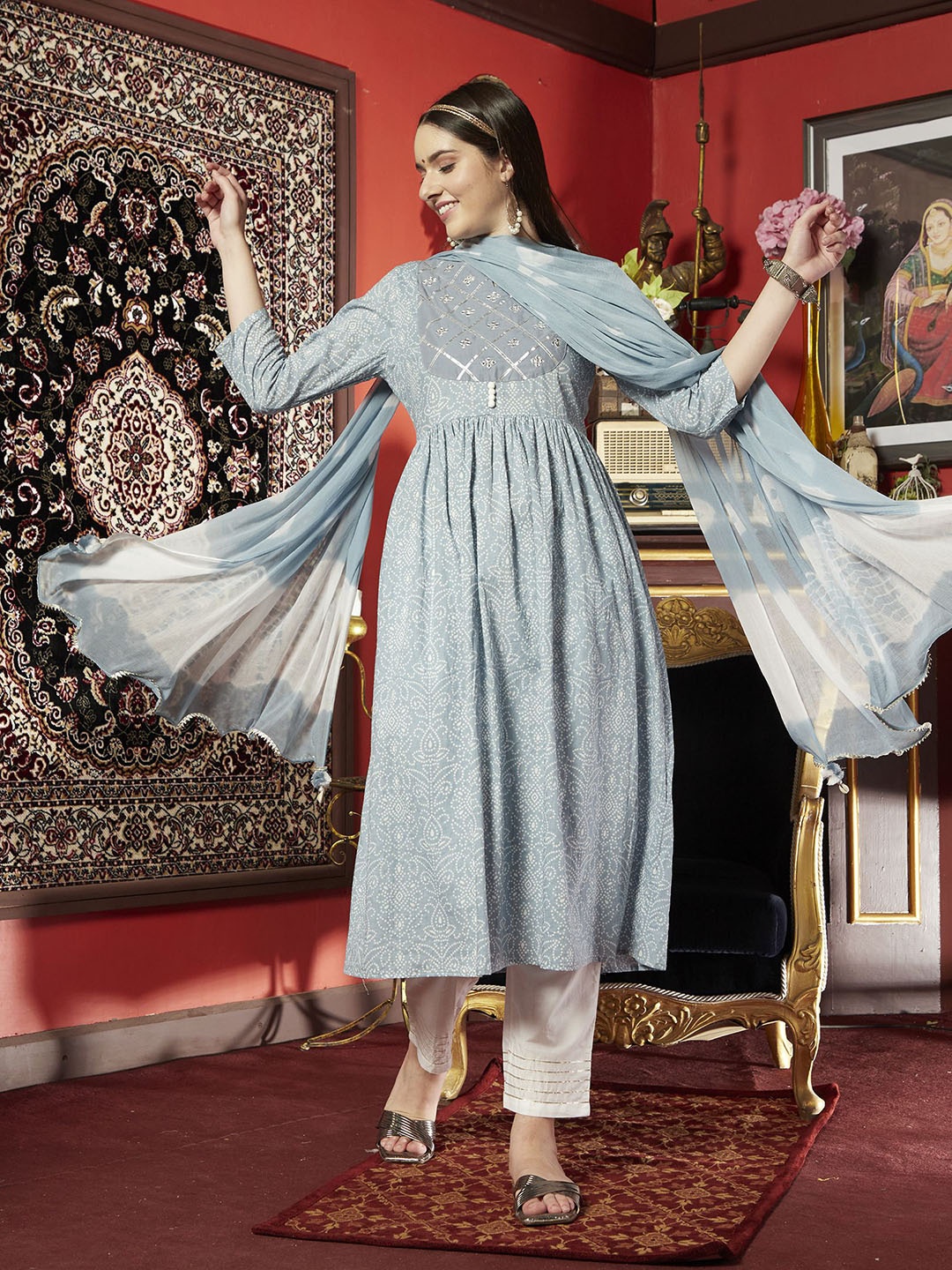 BANDIA Women Bandhani Printed Empire Mirror Work Pure Cotton Kurta with Trousers & Dupatta, Blue
BANDIA Women Bandhani Printed Empire Mirror Work Pure Cotton Kurta with Trousers & Dupatta, Blue