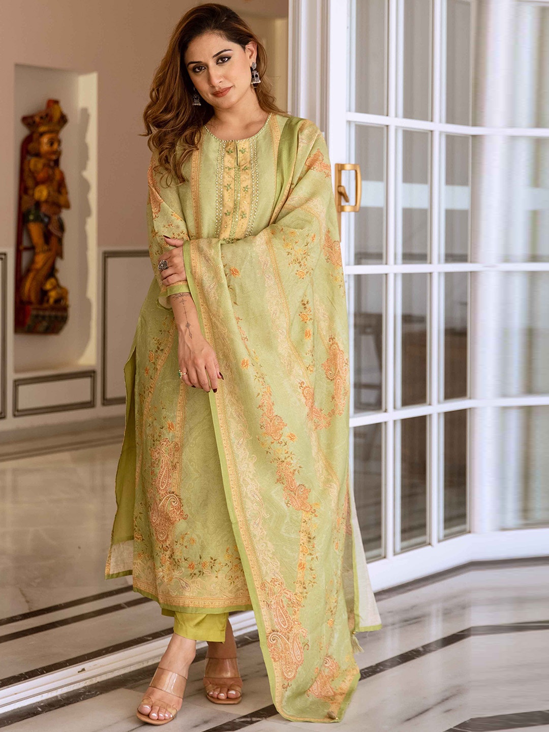 KALINI Women Floral Printed Regular Kantha Work Kurta with Trousers & With Dupatta, Green
KALINI Women Floral Printed Regular Kantha Work Kurta with Trousers & With Dupatta, Green