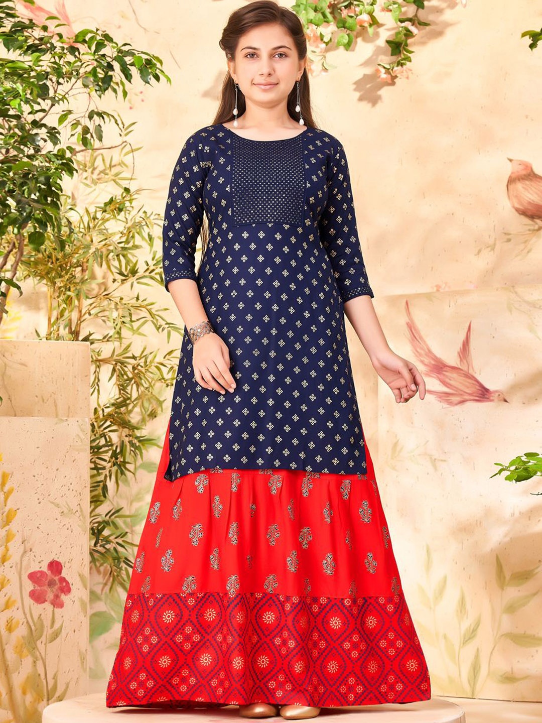 BAESD Girls Floral Printed Keyhole Neck Cold-Shoulder Sleeves Mirror Work Anarkali Kurta, Navy blue
BAESD Girls Floral Printed Keyhole Neck Cold-Shoulder Sleeves Mirror Work Anarkali Kurta, Navy blue