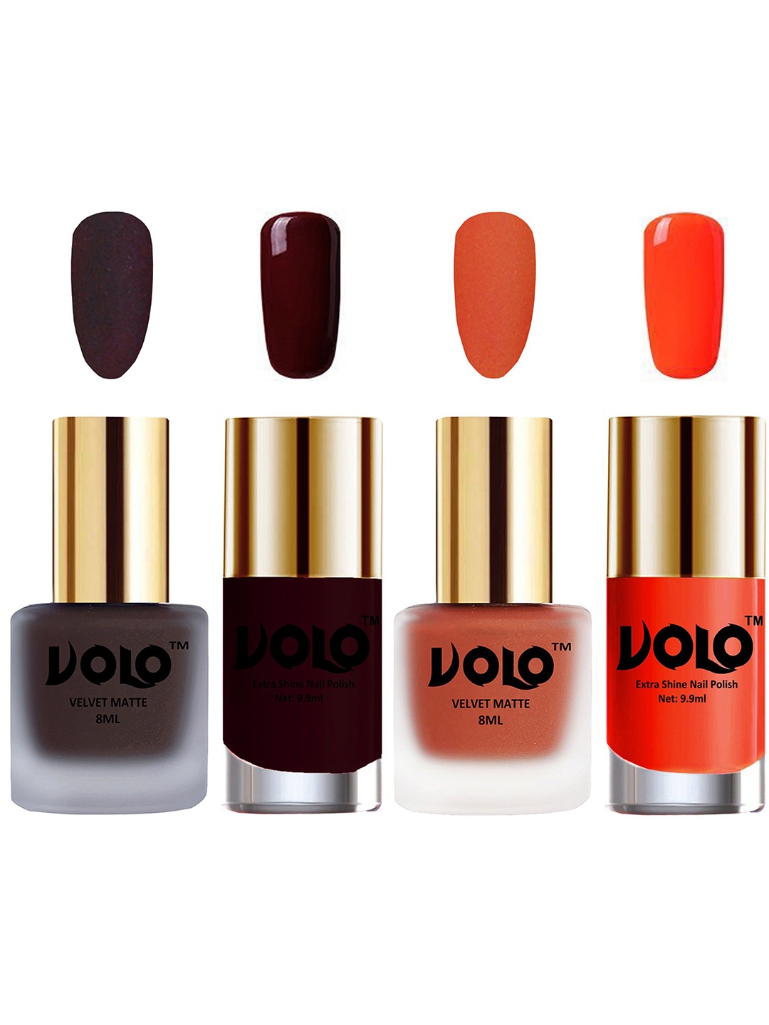 VOLO Set Of 4 Velvet Matte Nail Polish-8 ml & 9.9 ml Each - Coral-DarkCoffee-Maroon-Orange
VOLO Set Of 4 Velvet Matte Nail Polish-8 ml & 9.9 ml Each - Coral-DarkCoffee-Maroon-Orange