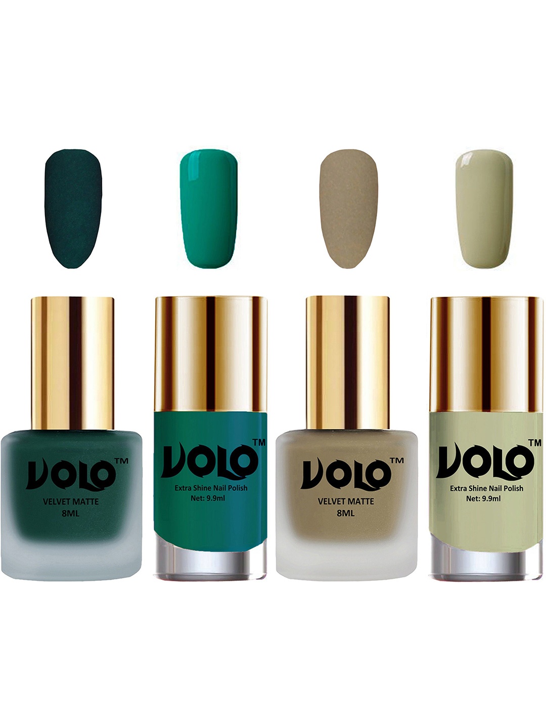 VOLO Set Of 4 Velvet Matte Nail Polish - 8 ml & 9.9ml Each -Nude-Mint-Dark Green-Radium
VOLO Set Of 4 Velvet Matte Nail Polish - 8 ml & 9.9ml Each -Nude-Mint-Dark Green-Radium