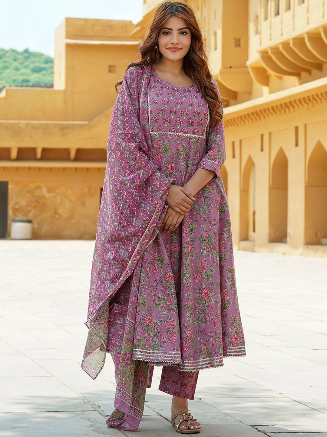 KALINI Floral Printed Gotta Patti Pure Cotton Anarkali Kurta With Trousers & Dupatta, Mauve
KALINI Floral Printed Gotta Patti Pure Cotton Anarkali Kurta With Trousers & Dupatta, Mauve