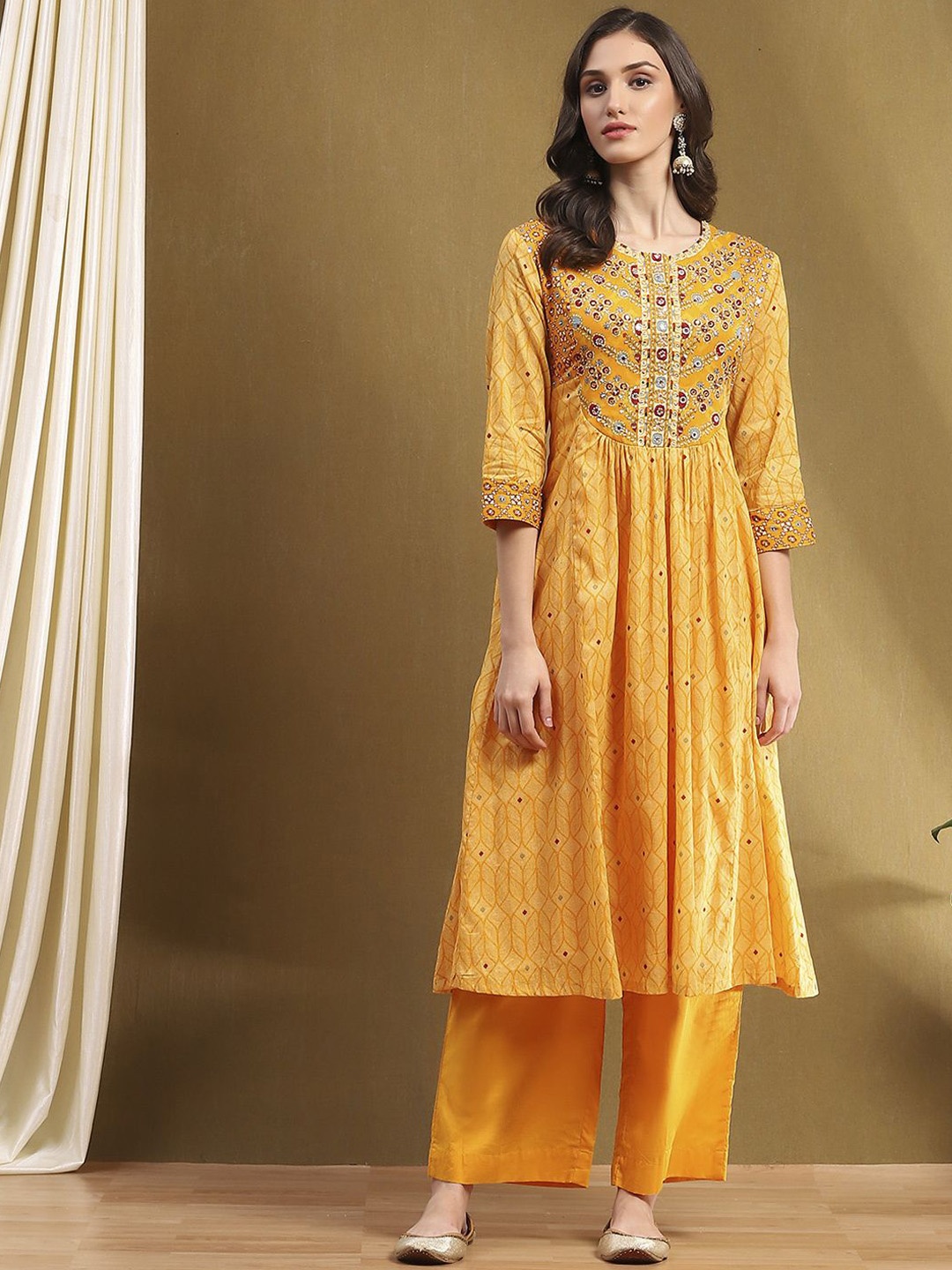 Biba Women Ethnic Motifs Printed Mirror Work Pure Cotton Anarkali Kurta Set, Yellow
Biba Women Ethnic Motifs Printed Mirror Work Pure Cotton Anarkali Kurta Set, Yellow