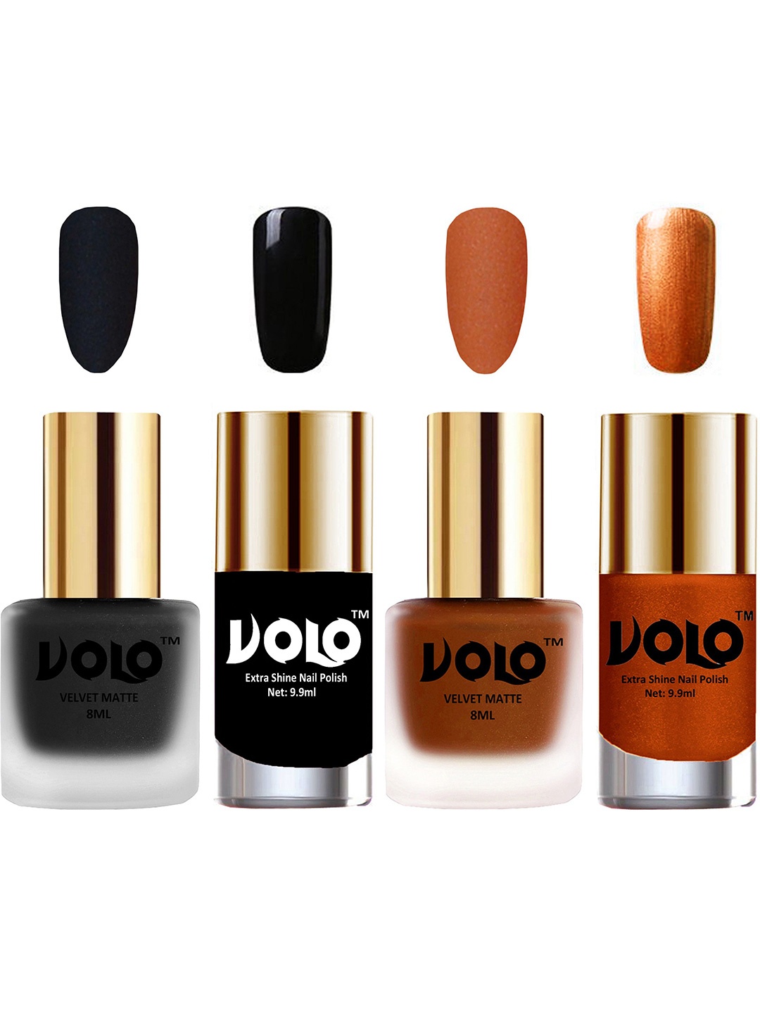 VOLO Set Of 4 Velvet Matte & Extra Shine Nail Polish - 8 ml & 9.9 ml - 05 - 35 - 3 - 60, Black
VOLO Set Of 4 Velvet Matte & Extra Shine Nail Polish - 8 ml & 9.9 ml - 05 - 35 - 3 - 60, Black