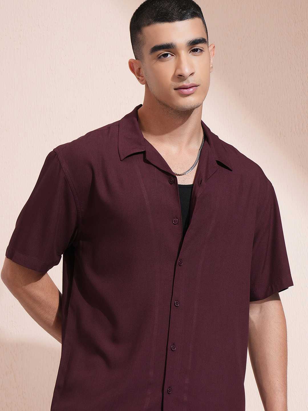 Highlander Men Dobby Textured Solid Cuban Collar Relaxed Shirt, Maroon 
Highlander Men Dobby Textured Solid Cuban Collar Relaxed Shirt, Maroon