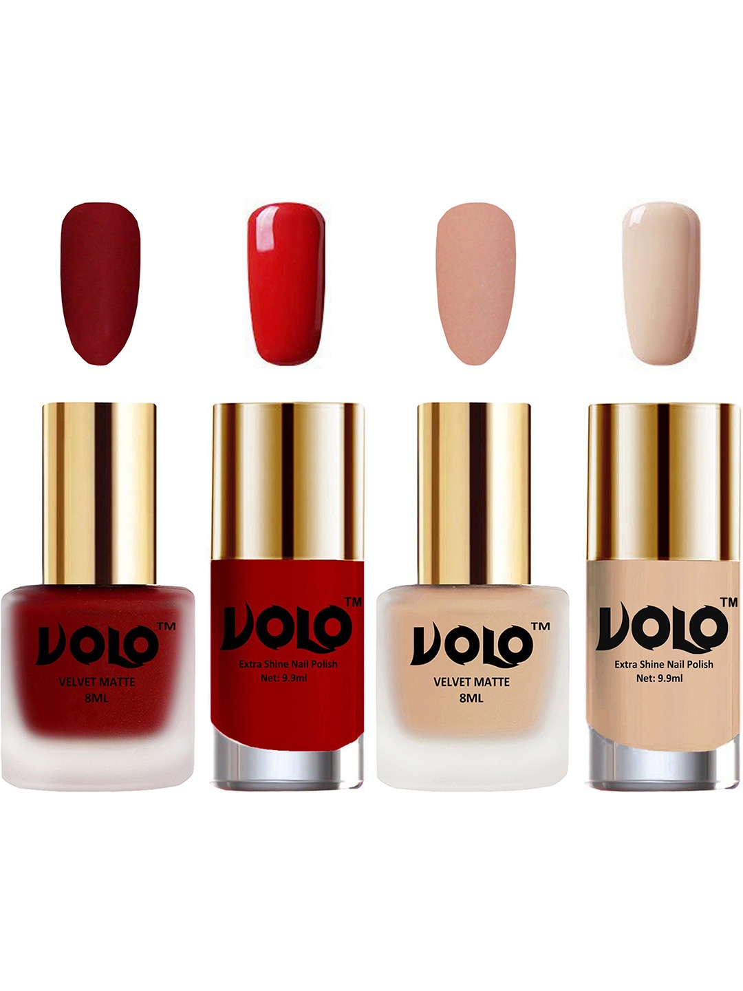 VOLO Set Of 4 Velvet Matte & Extra Shine Nail Polish - 8 ml Each - 22 - 28 - 36 - 65, Red
VOLO Set Of 4 Velvet Matte & Extra Shine Nail Polish - 8 ml Each - 22 - 28 - 36 - 65, Red