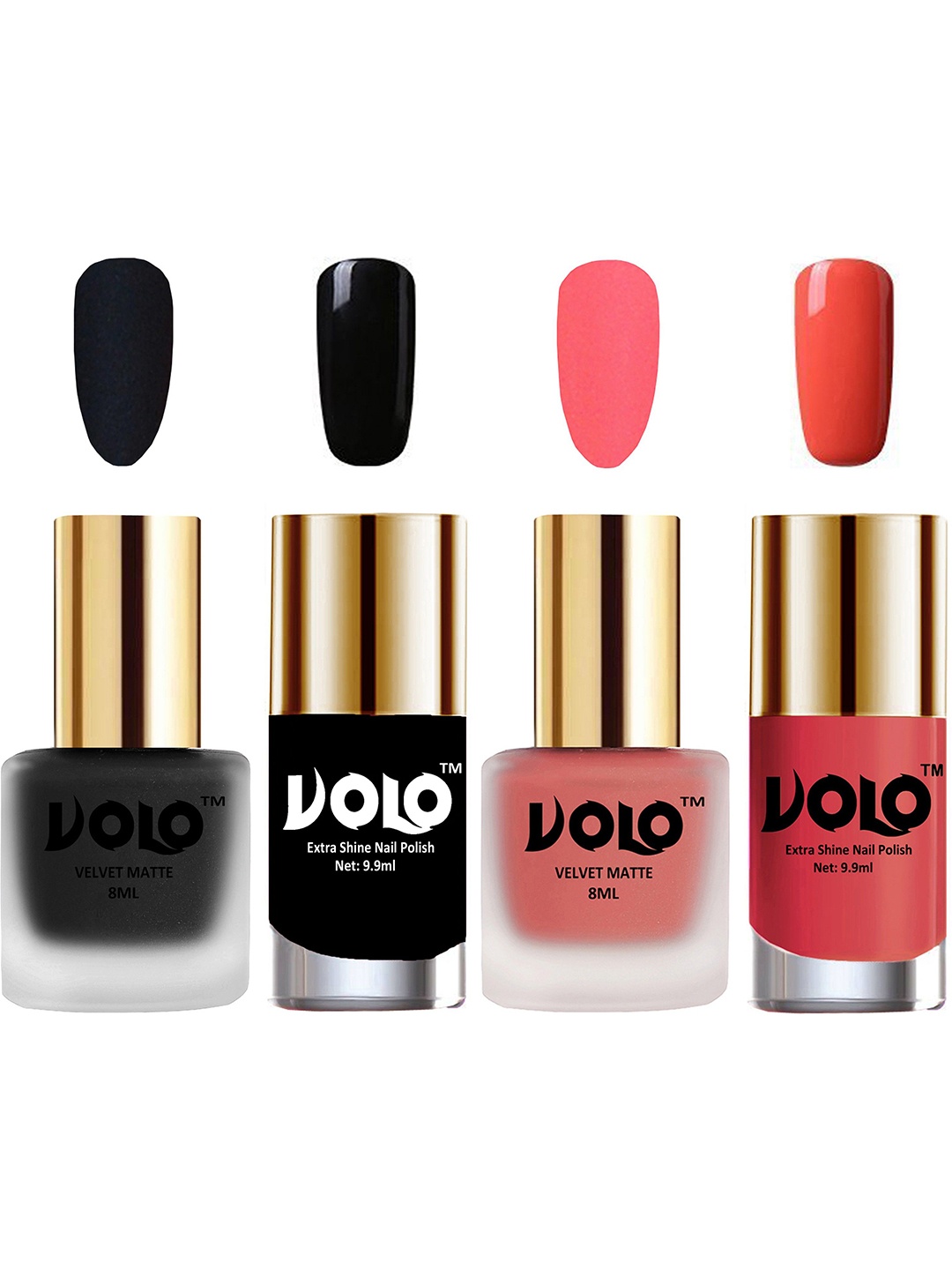 VOLO Set Of 4 Velvet Matte & Extra Shine Nail Polish-8 ml & 9.9 ml Each Shade 05-41-3-49, Black
VOLO Set Of 4 Velvet Matte & Extra Shine Nail Polish-8 ml & 9.9 ml Each Shade 05-41-3-49, Black