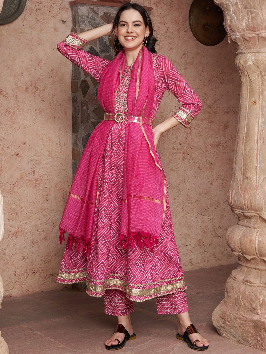 BANDIA Women Bandhani Printed Sequinned Pure Cotton Kurta With Trousers & Dupatta, Magenta
BANDIA Women Bandhani Printed Sequinned Pure Cotton Kurta With Trousers & Dupatta, Magenta