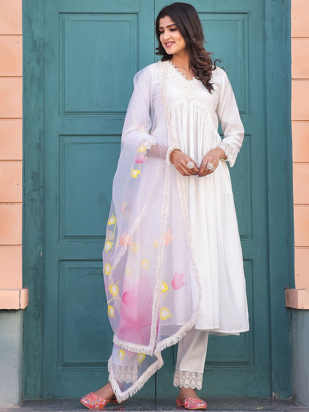 Roly Poly Women Floral Embroidered Empire Chikankari Kurta with Trousers & With Dupatta, White
Roly Poly Women Floral Embroidered Empire Chikankari Kurta with Trousers & With Dupatta, White