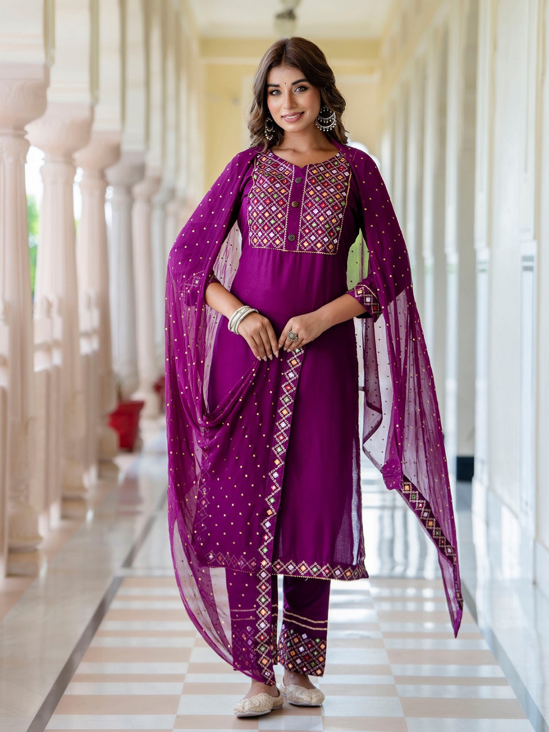 KALINI Floral Embroidered Mirror Work Straight Kurta With Trouser & Dupatta, Purple
KALINI Floral Embroidered Mirror Work Straight Kurta With Trouser & Dupatta, Purple
