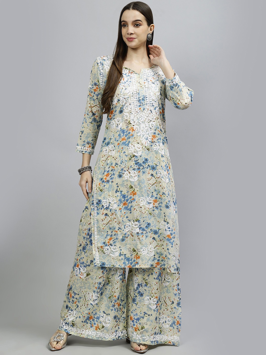 Seva Chikan Women Ethnic Motifs Embroidered Regular Chikankari Kurta with Palazzos, Blue
Seva Chikan Women Ethnic Motifs Embroidered Regular Chikankari Kurta with Palazzos, Blue