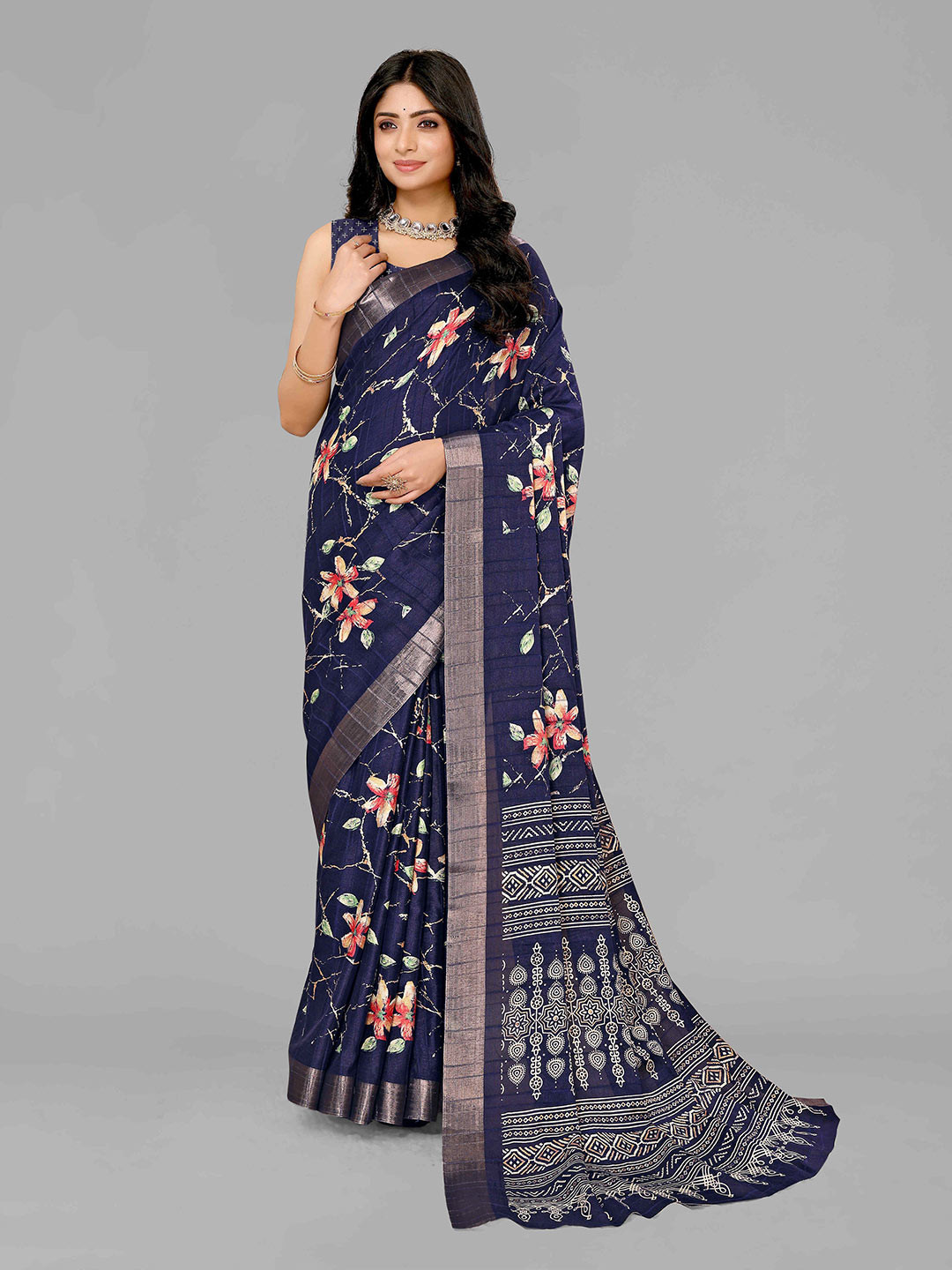 saretramall Floral Printed Maheshwari Saree, Blue 
saretramall Floral Printed Maheshwari Saree, Blue