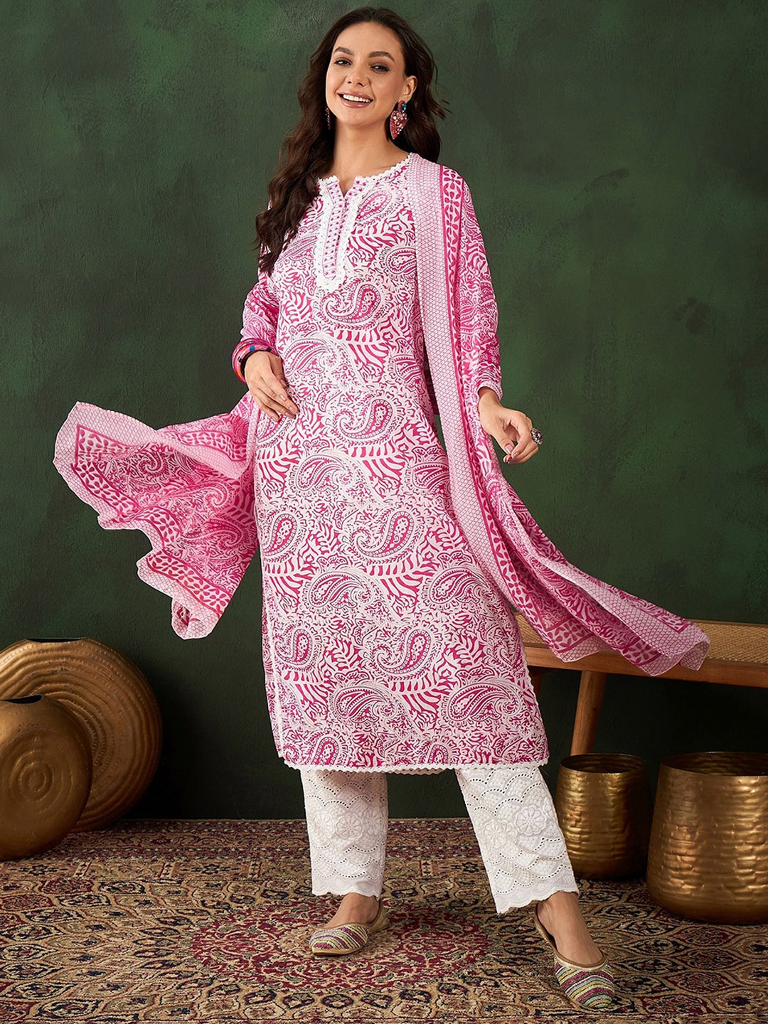 Vastramyaa Women Paisley Printed Thread Work Pure Cotton Kurta Trousers With Dupatta, Pink
Vastramyaa Women Paisley Printed Thread Work Pure Cotton Kurta Trousers With Dupatta, Pink