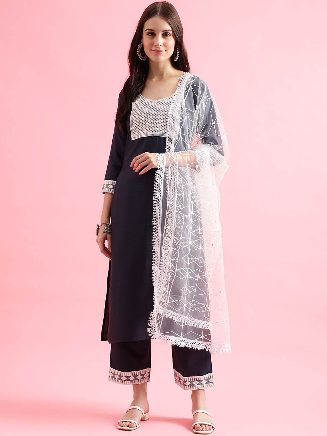 KALINI Women Floral Embroidered Regular Sequinned Kurta with Trousers & With Dupatta, Navy blue
KALINI Women Floral Embroidered Regular Sequinned Kurta with Trousers & With Dupatta, Navy blue