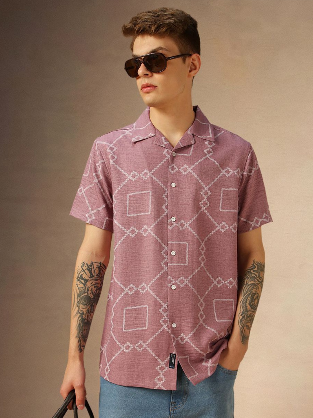 Dennis Lingo Men Comfort Cuban Collar Geometric Printed Relaxed Fit Casual Shirt, Pink
Dennis Lingo Men Comfort Cuban Collar Geometric Printed Relaxed Fit Casual Shirt, Pink