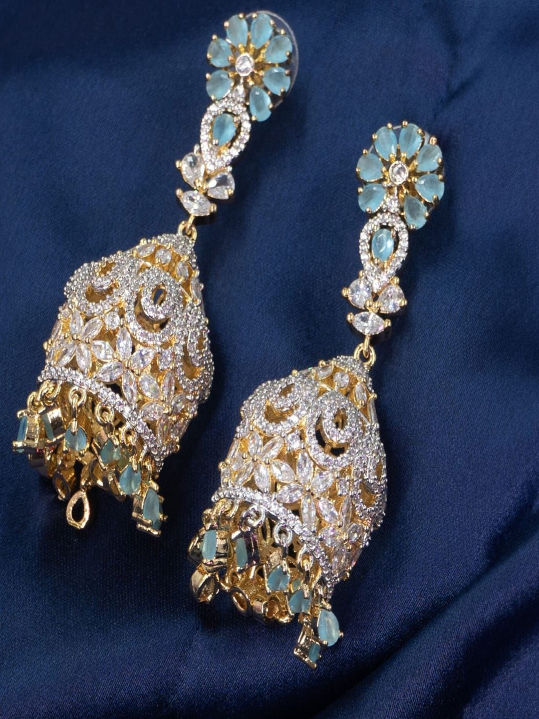 SHARLEEZ 18K Gold Polish Rhodium-Plated American Diamond Studded Dome Shaped Drop Earrings, Blue
SHARLEEZ 18K Gold Polish Rhodium-Plated American Diamond Studded Dome Shaped Drop Earrings, Blue